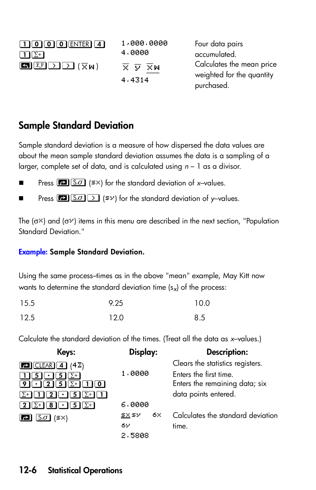 HP 35s Scientific   , Sample Standard Deviation, ,    , 12-6Statistical Operations 