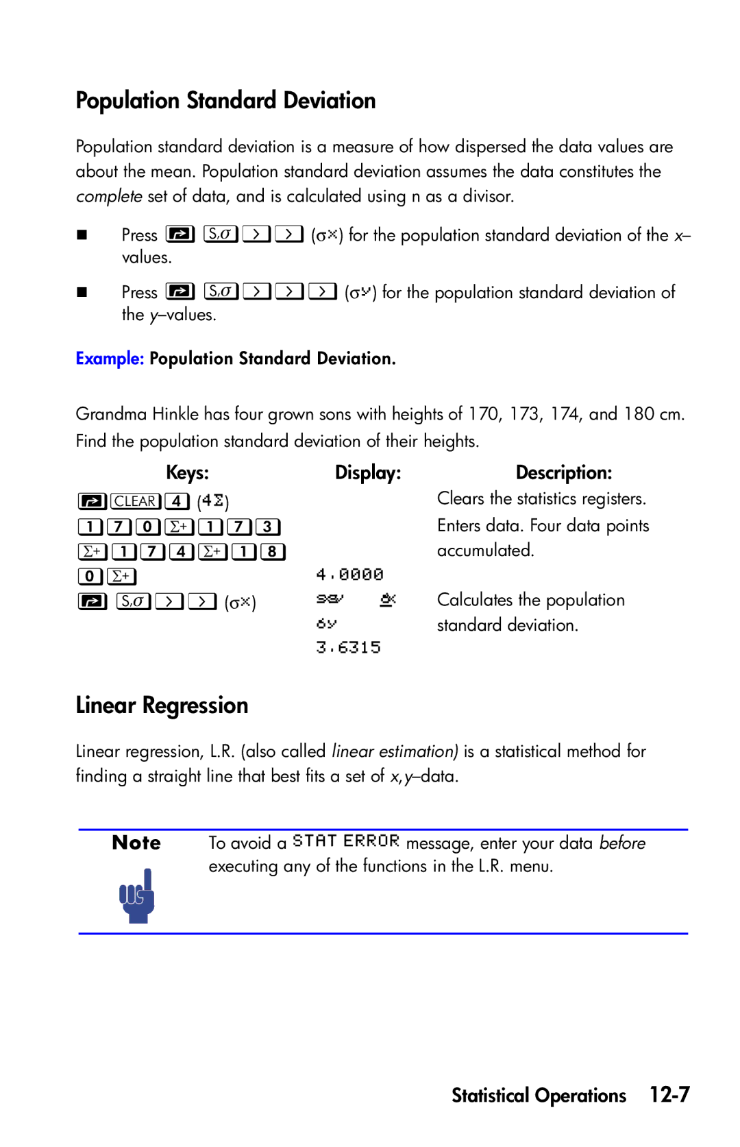 HP 35s Scientific manual Population Standard Deviation, Linear Regression 