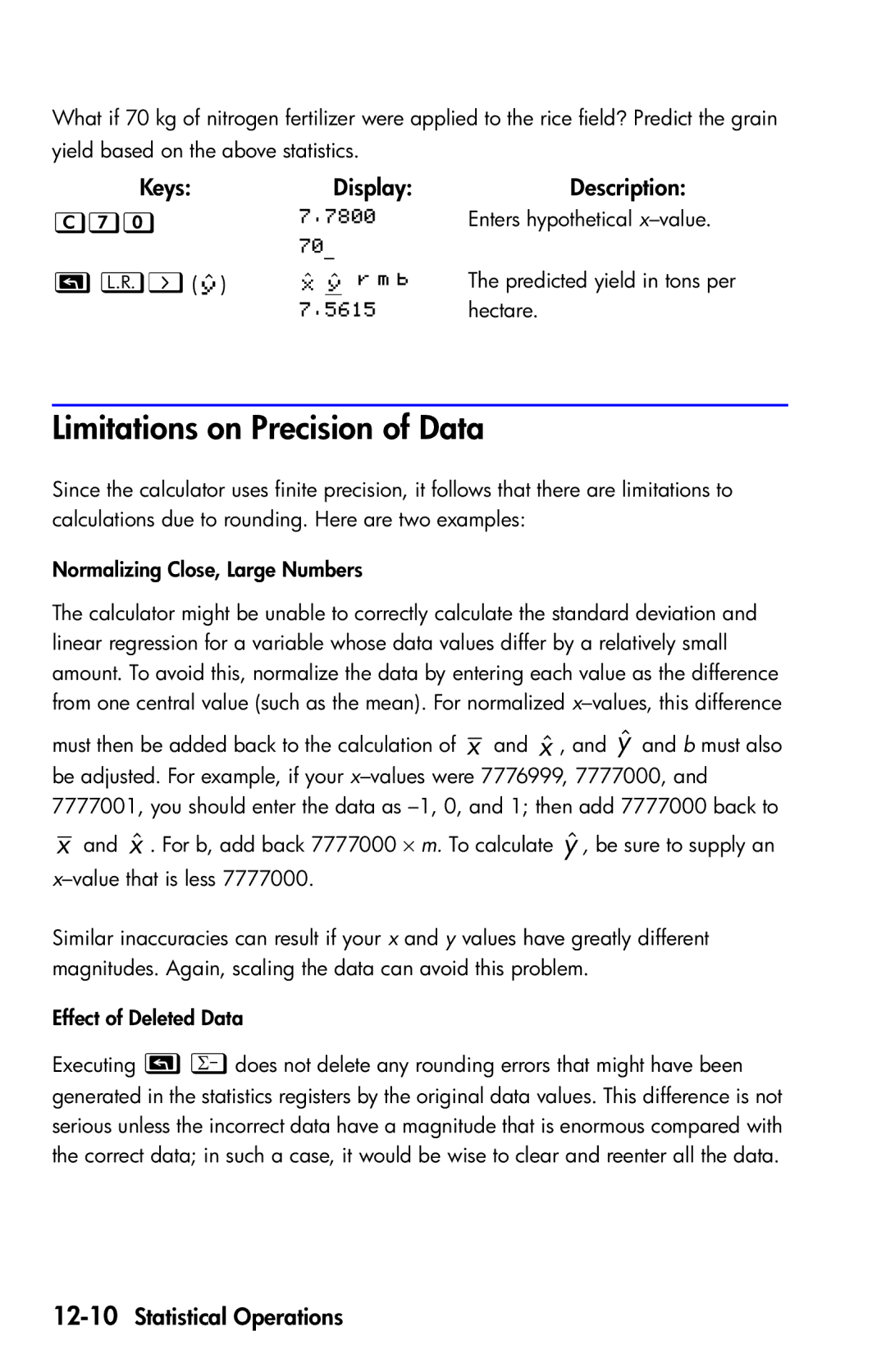 HP 35s Scientific manual Limitations on Precision of Data, , 12-10Statistical Operations 