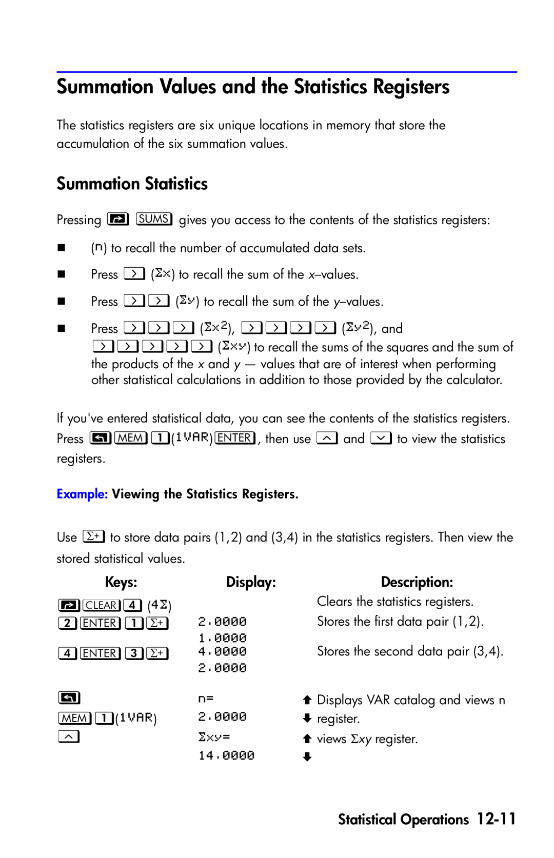 HP 35s Scientific manual Summation Values and the Statistics Registers, Summation Statistics 