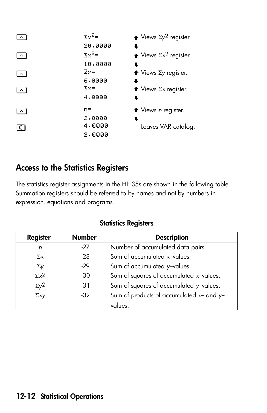 HP 35s Scientific manual Access to the Statistics Registers, 12-12Statistical Operations 