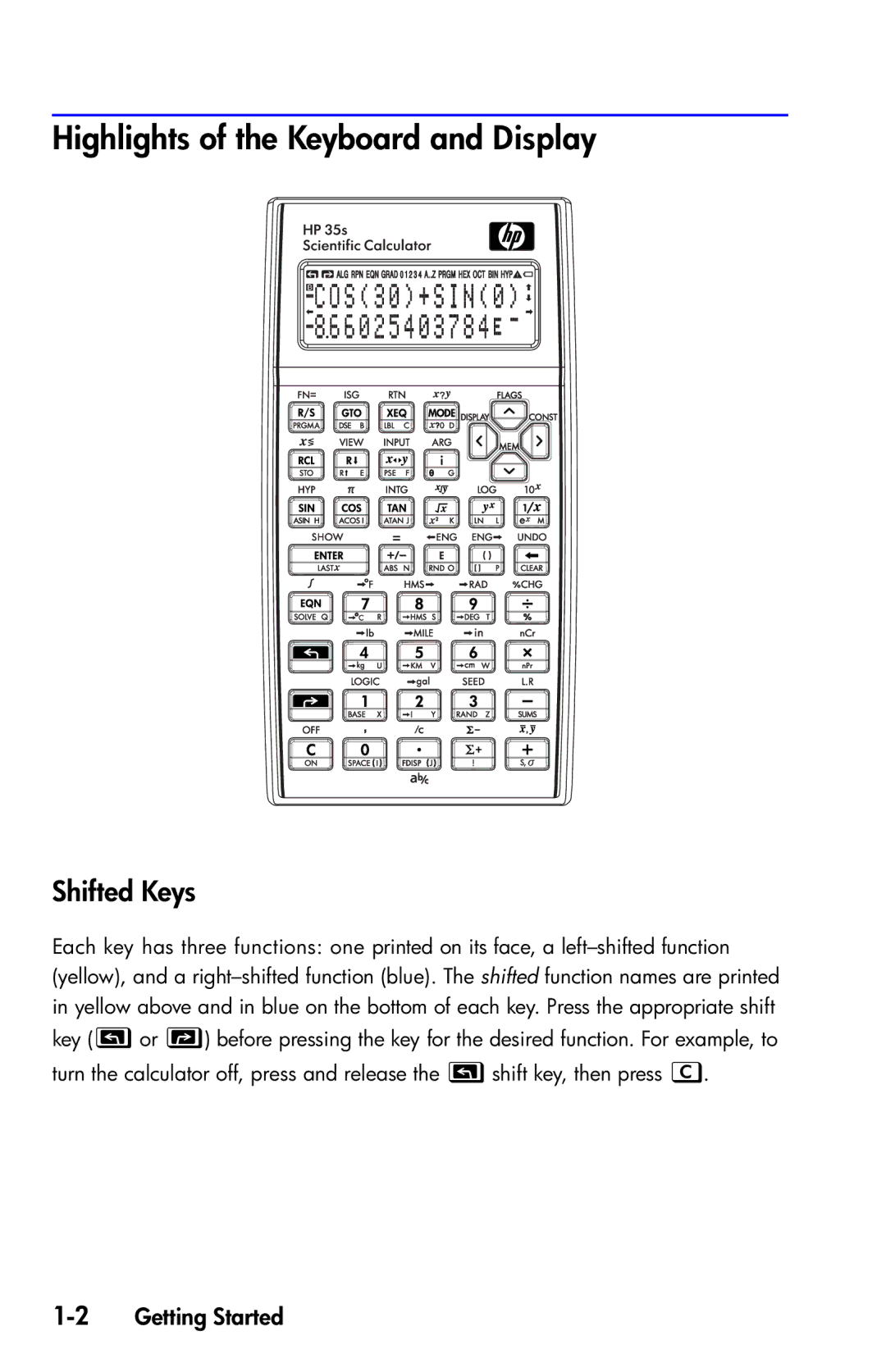 HP 35s Scientific manual Highlights of the Keyboard and Display, Shifted Keys, 2Getting Started 