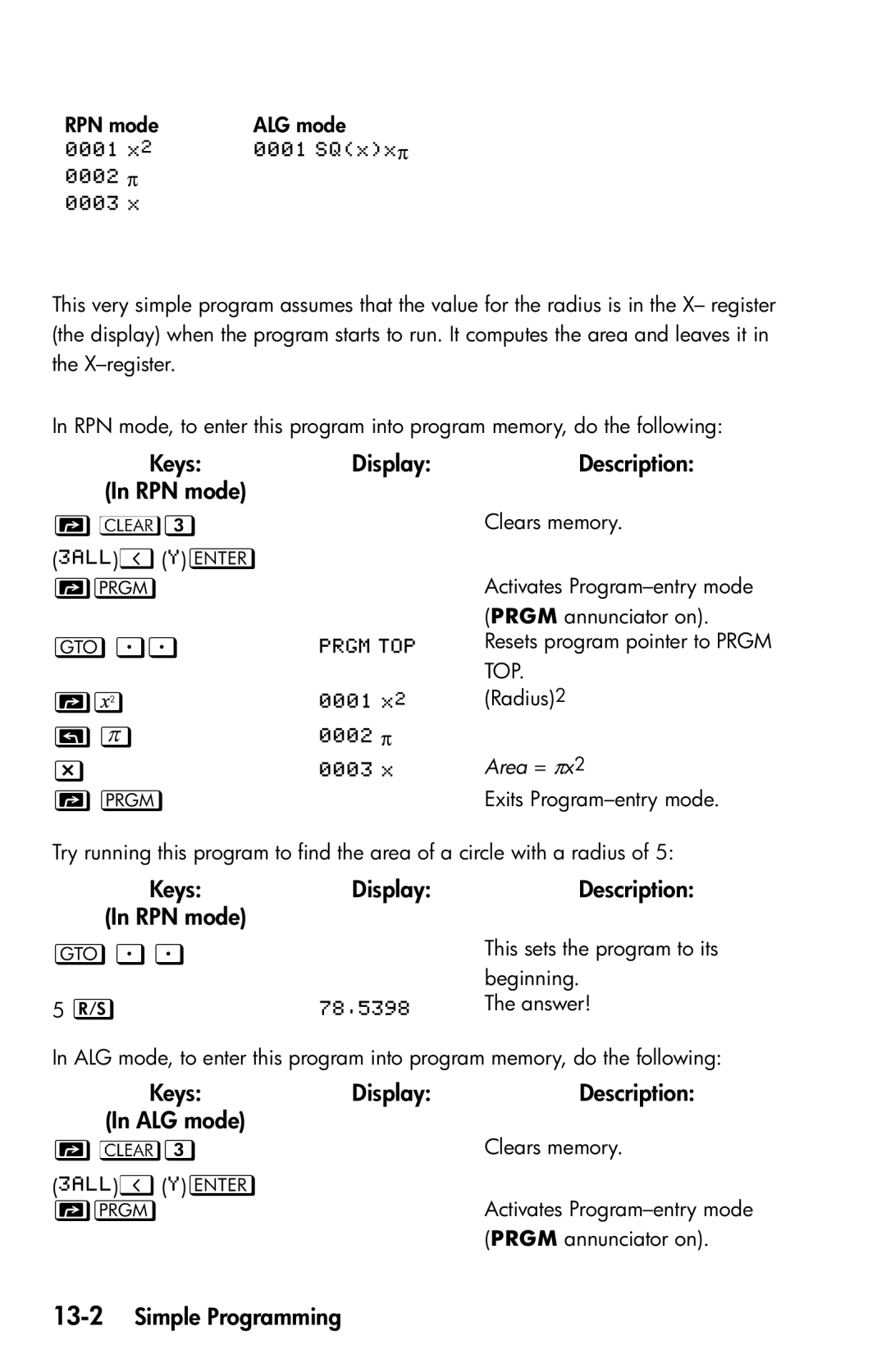 HP 35s Scientific manual , 13-2Simple Programming, Area = πx2 