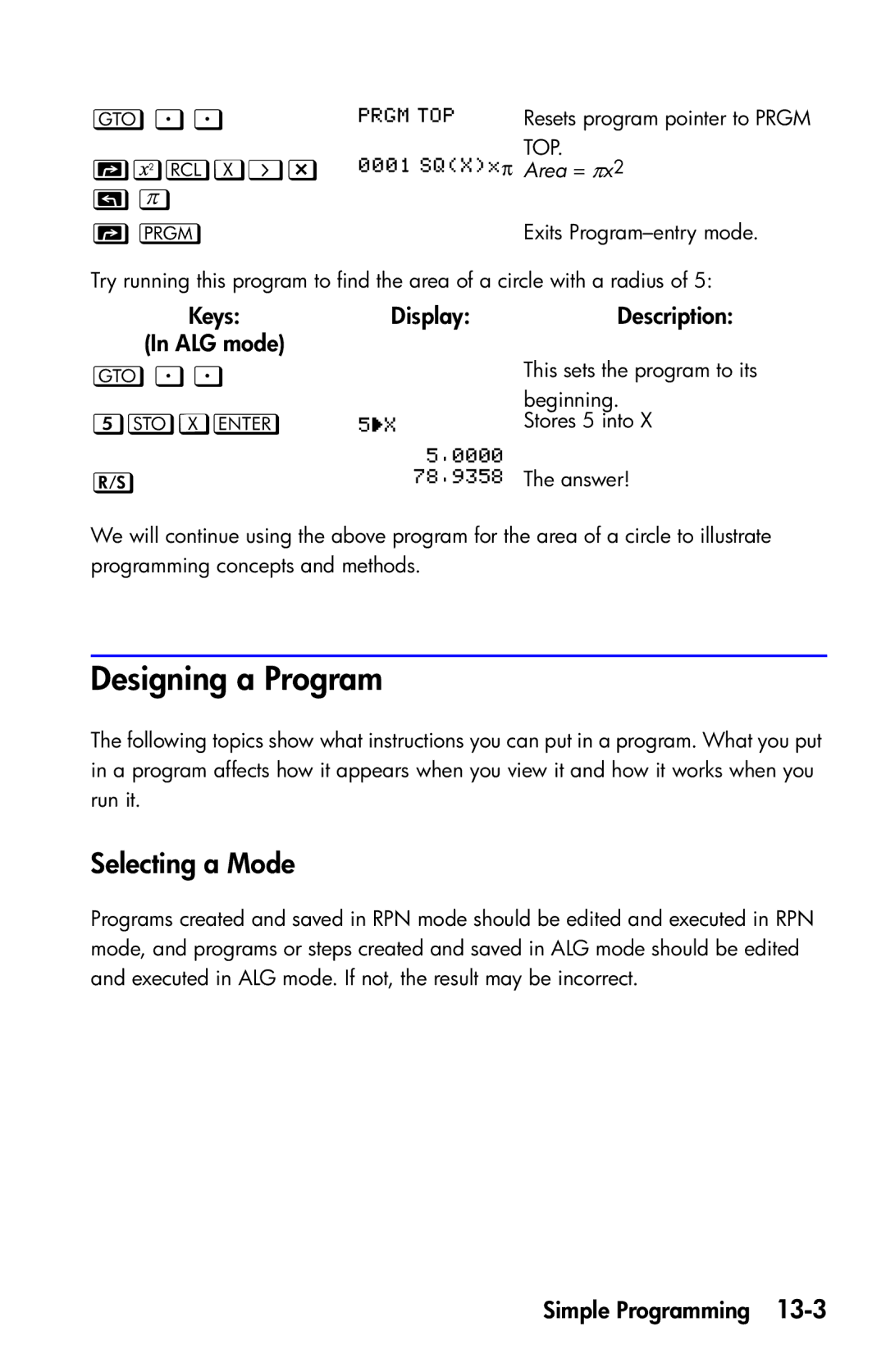 HP 35s Scientific manual Designing a Program, Selecting a Mode,  X , KeysDisplay In ALG mode 