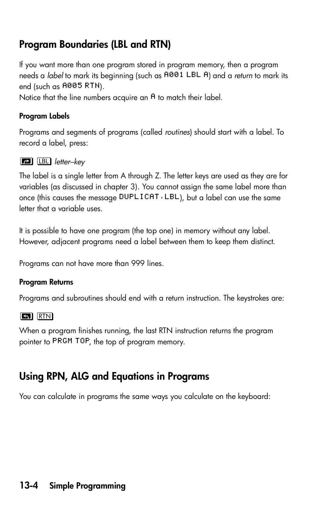 HP 35s Scientific manual Program Boundaries LBL and RTN, Using RPN, ALG and Equations in Programs, 13-4Simple Programming 