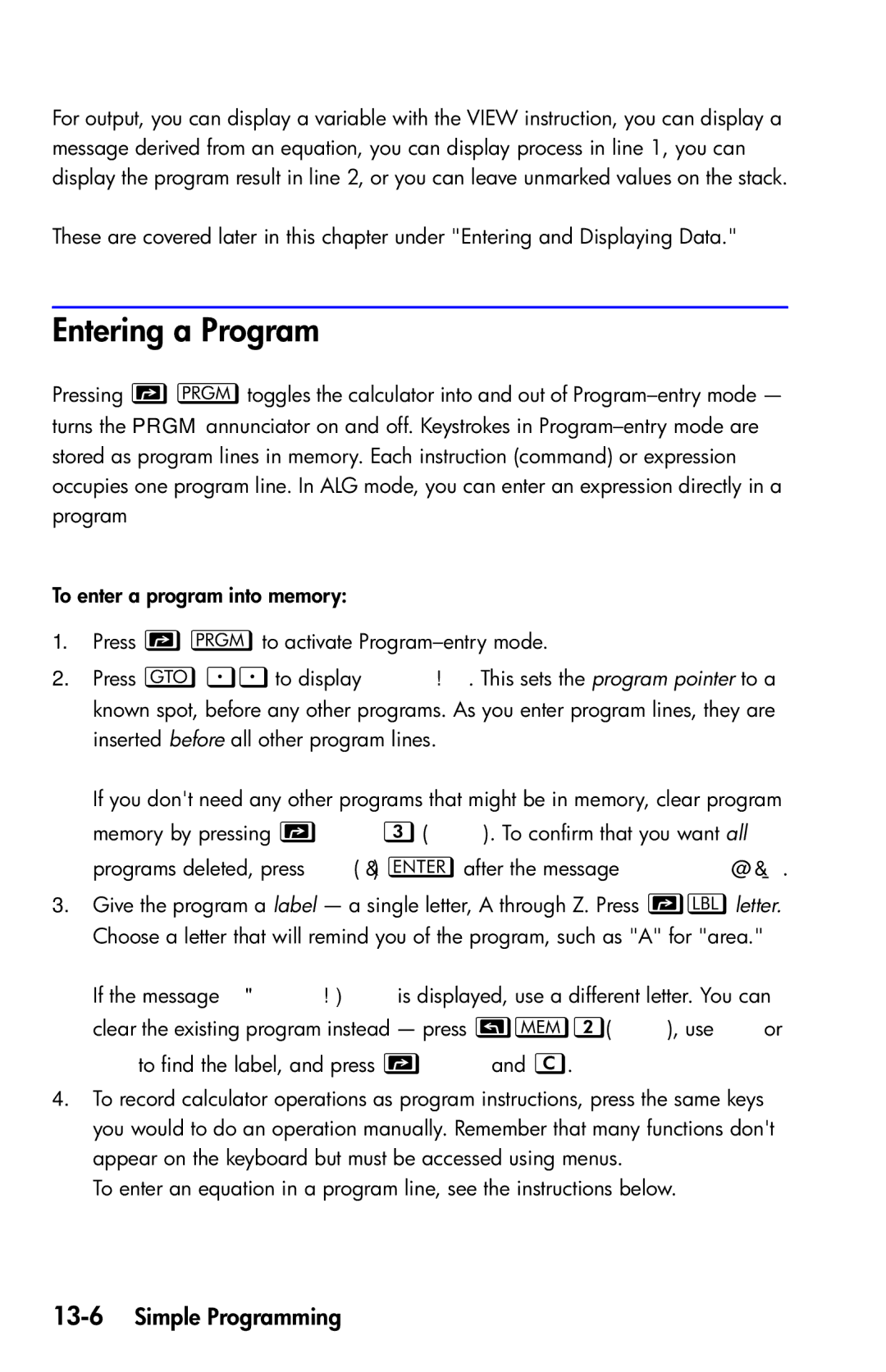 HP 35s Scientific manual Entering a Program, 13-6Simple Programming 