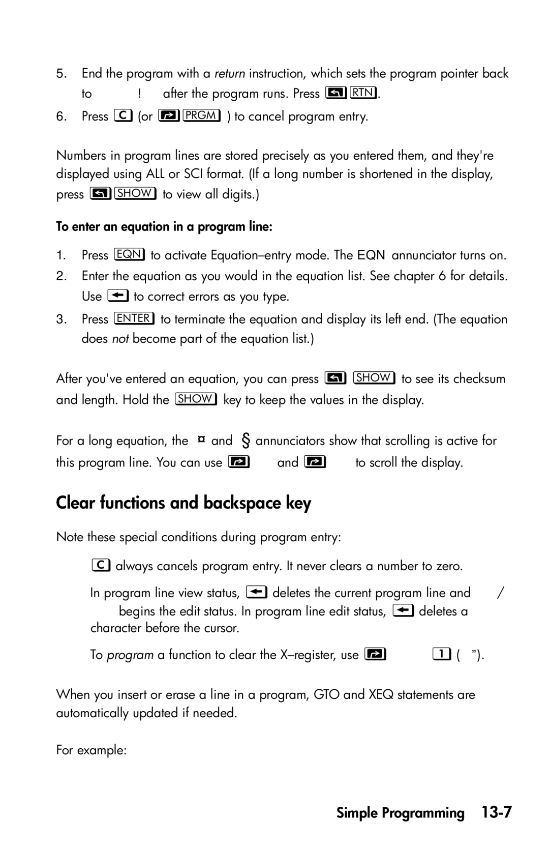 HP 35s Scientific manual Clear functions and backspace key 