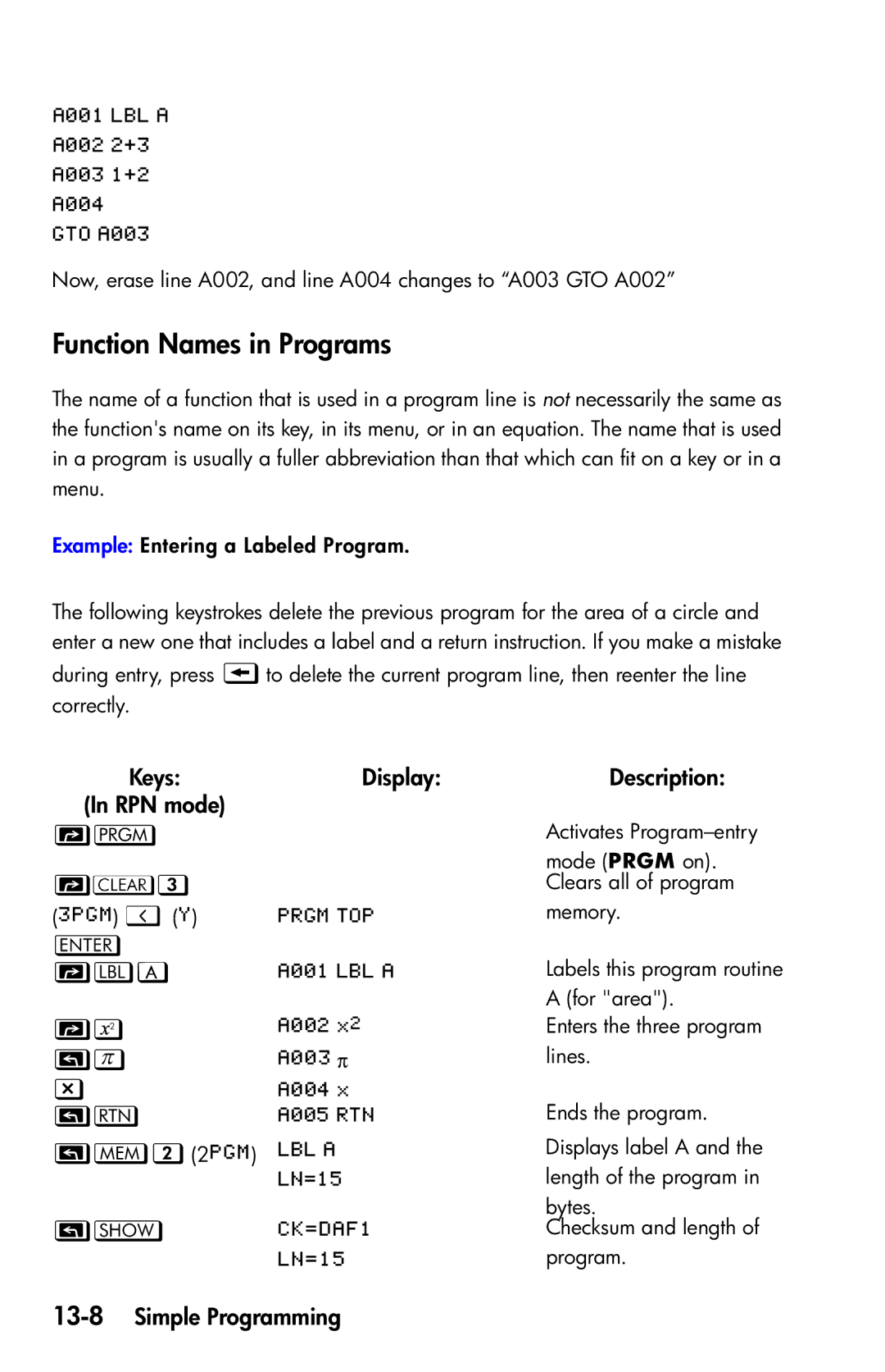 HP 35s Scientific manual Function Names in Programs, A, 13-8Simple Programming 