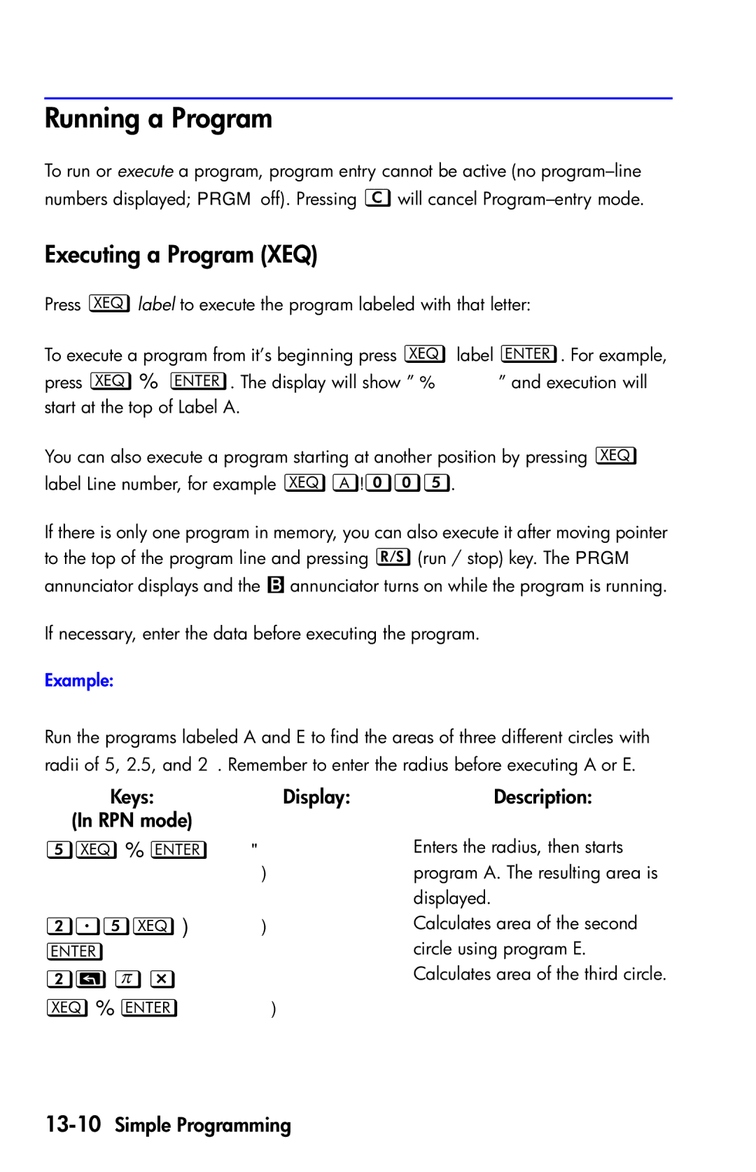 HP 35s Scientific manual Running a Program, Executing a Program XEQ, , 13-10Simple Programming 