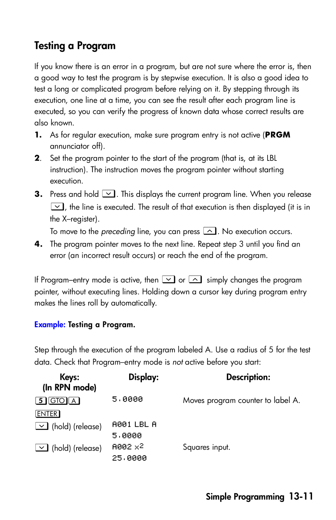 HP 35s Scientific manual Testing a Program, , Keys Display Description RPN mode 