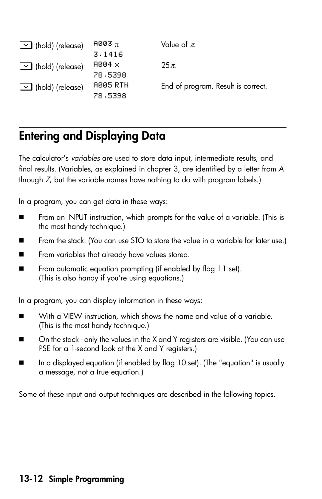 HP 35s Scientific manual Entering and Displaying Data, 13-12Simple Programming 