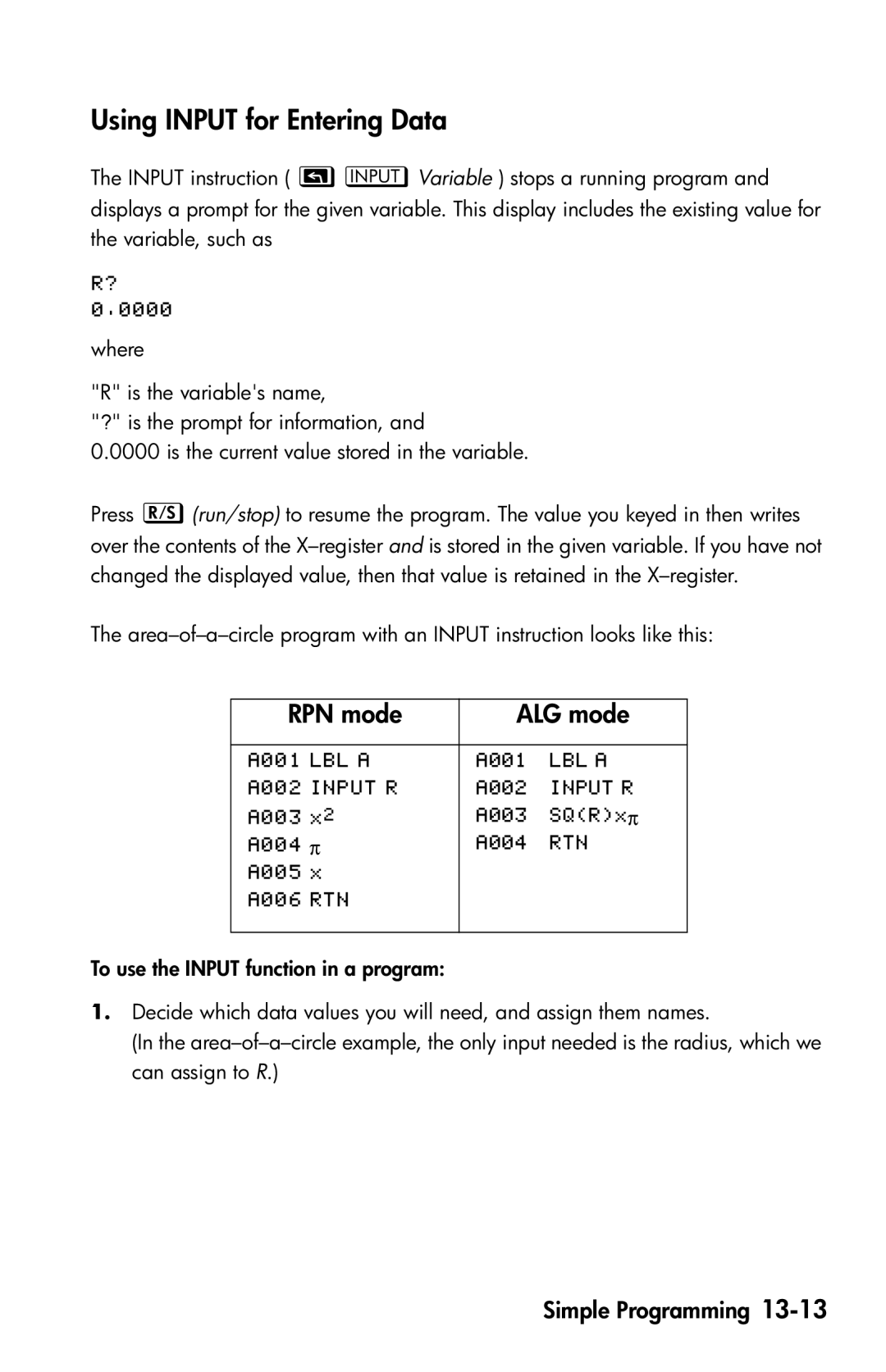 HP 35s Scientific manual Using Input for Entering Data, RPN mode ALG mode 