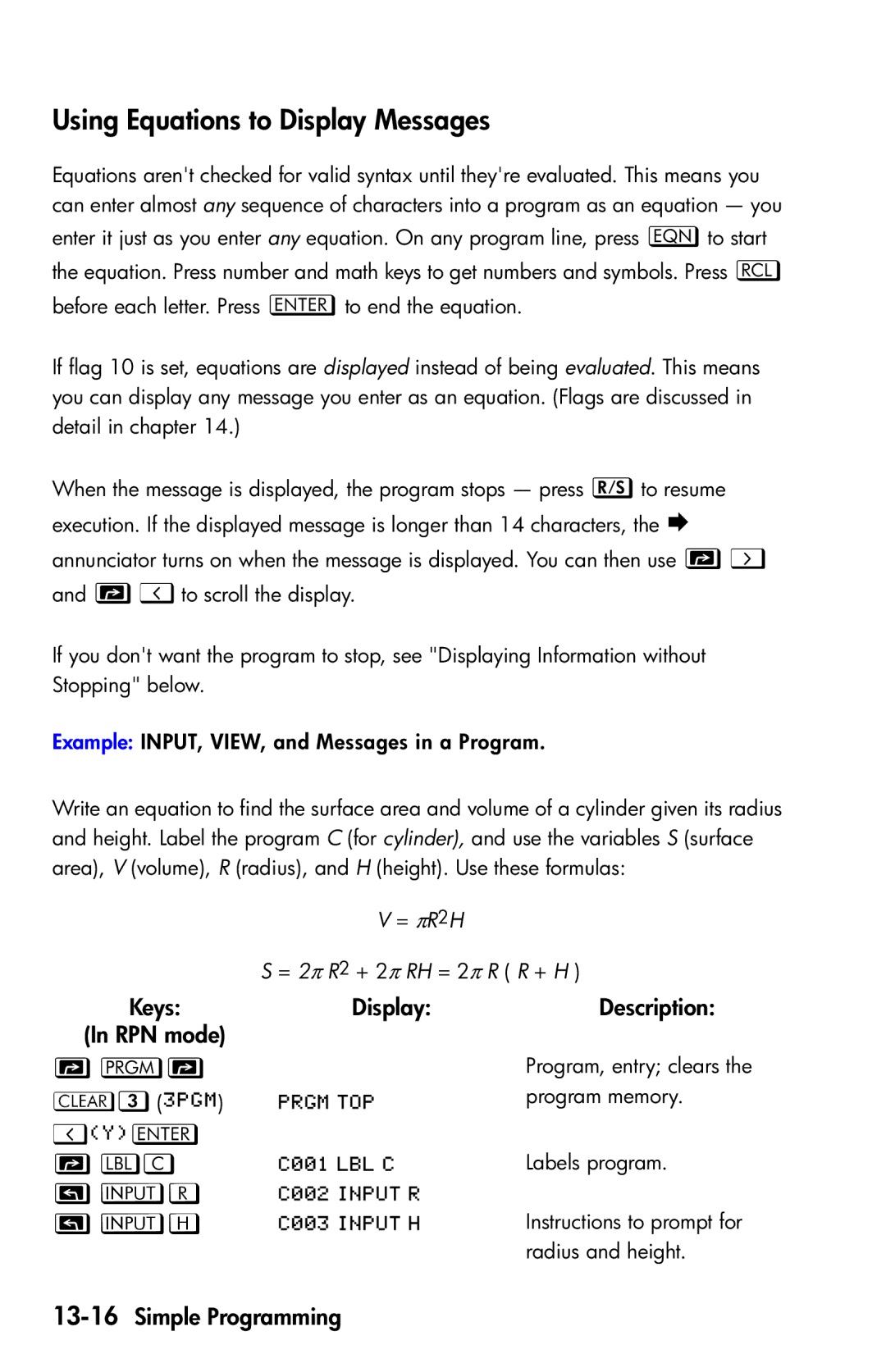 HP 35s Scientific manual Using Equations to Display Messages,   Çr Çh, 13-16Simple Programming 