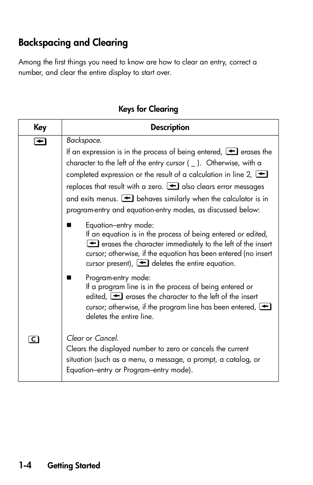 HP 35s Scientific manual Backspacing and Clearing, Keys for Clearing, 4Getting Started,  Backspace,  Clear or Cancel 