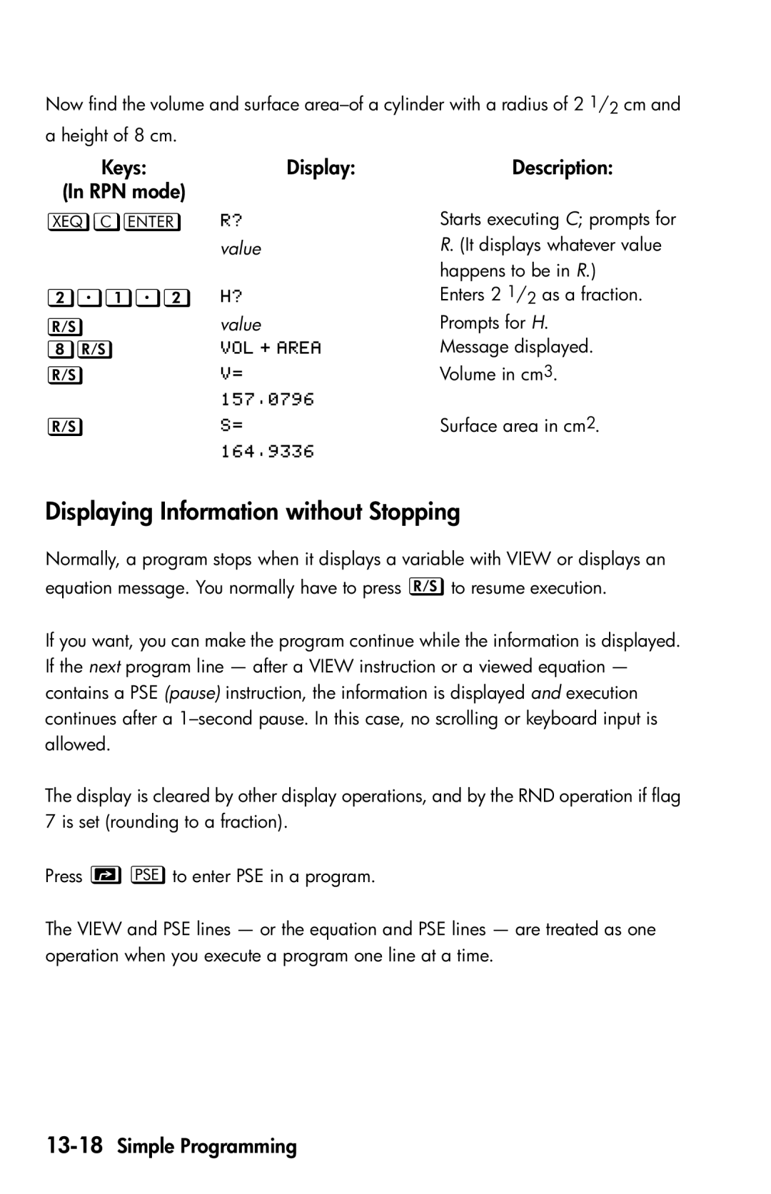 HP 35s Scientific manual Displaying Information without Stopping,  , 13-18Simple Programming, C  value,  value 