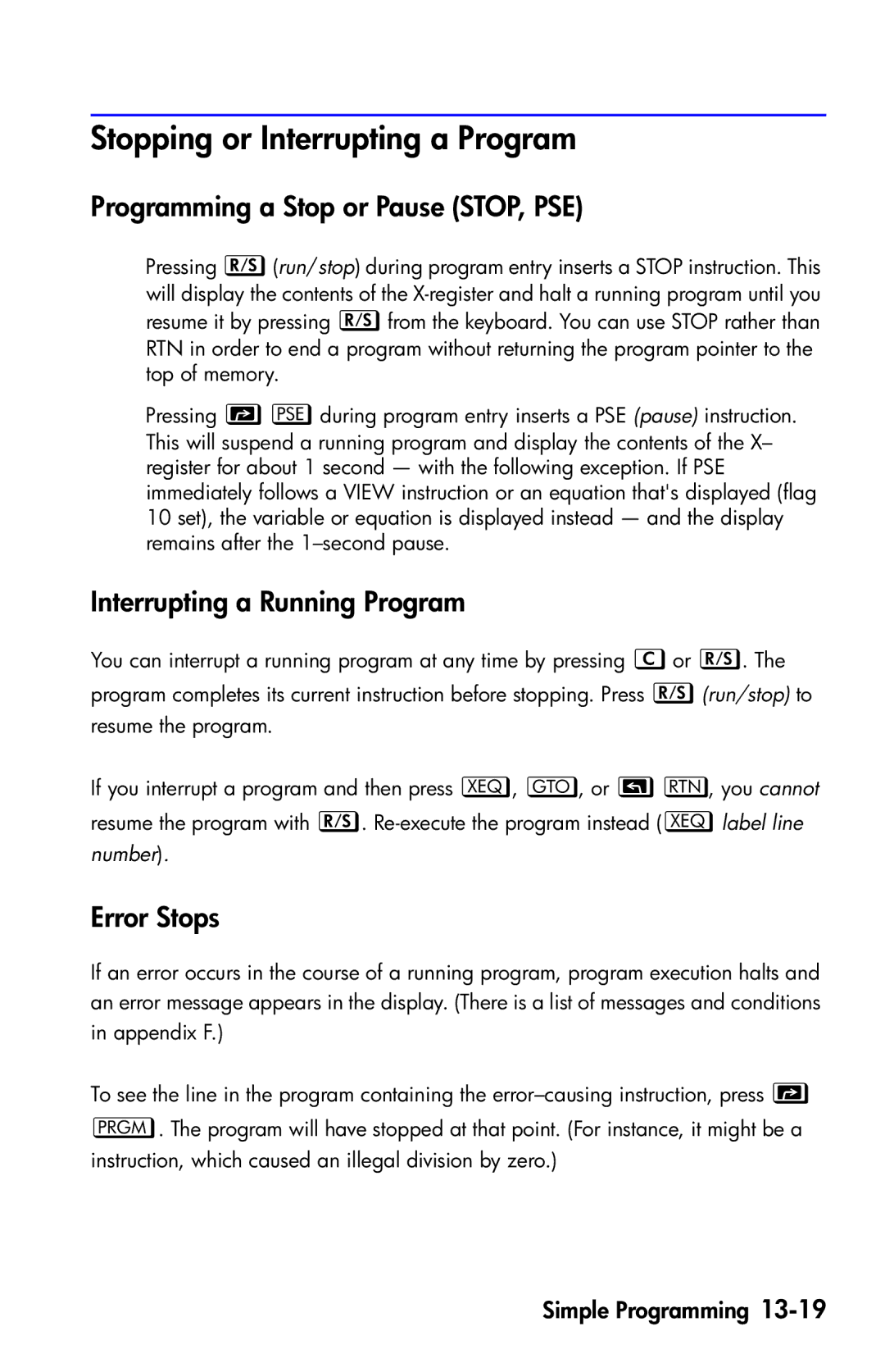 HP 35s Scientific manual Stopping or Interrupting a Program, Programming a Stop or Pause STOP, PSE, Error Stops 