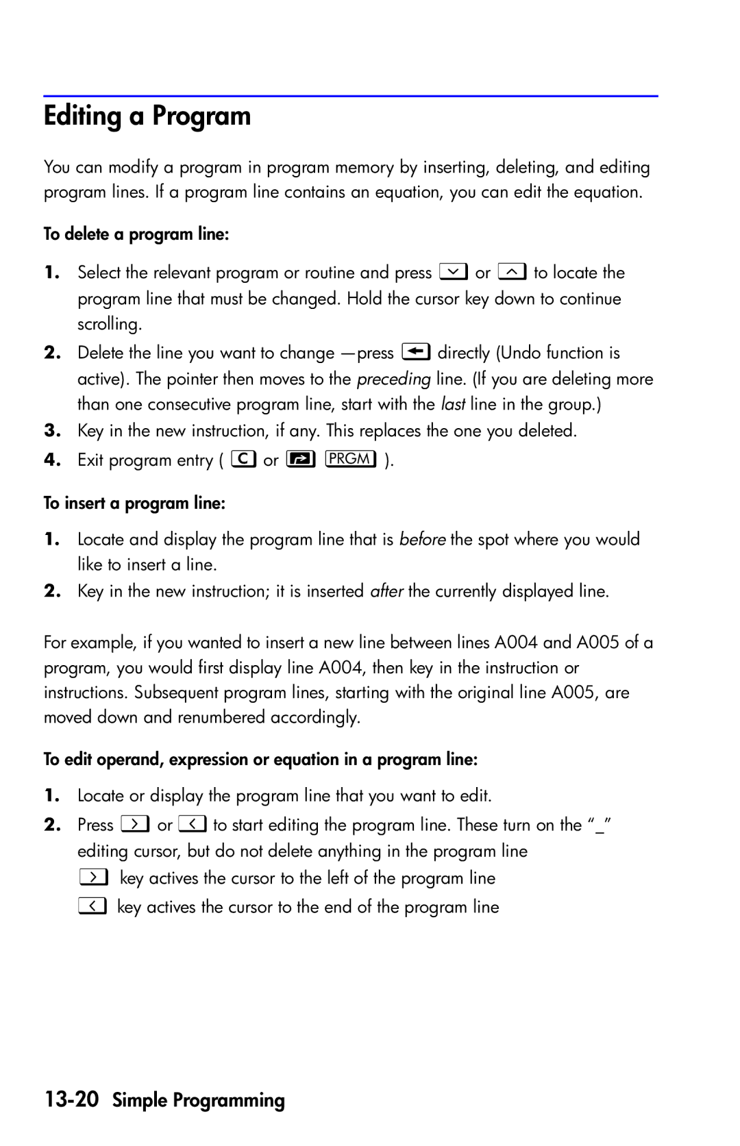 HP 35s Scientific manual Editing a Program, 13-20Simple Programming 