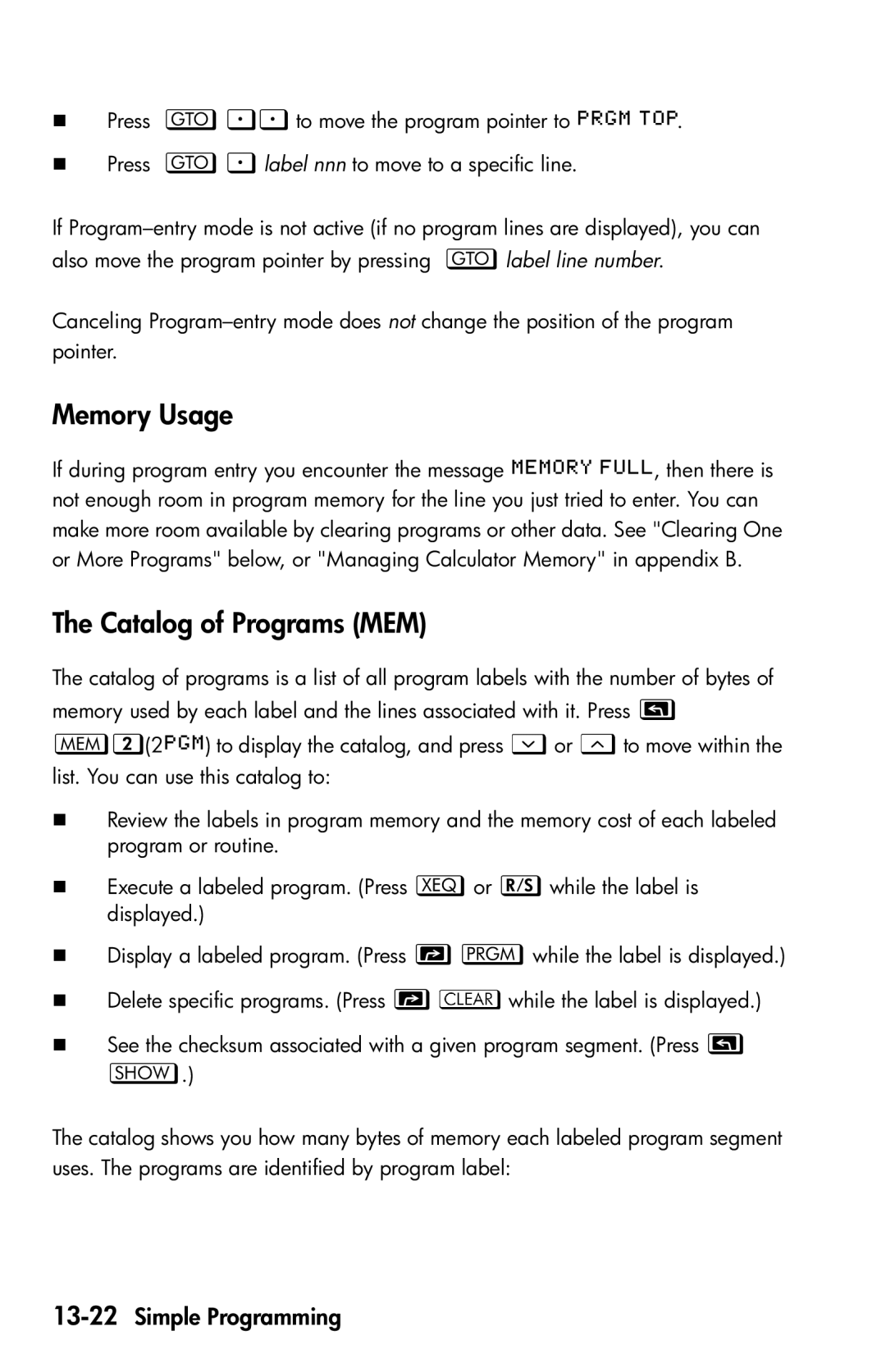 HP 35s Scientific manual Memory Usage, Catalog of Programs MEM, 13-22Simple Programming 