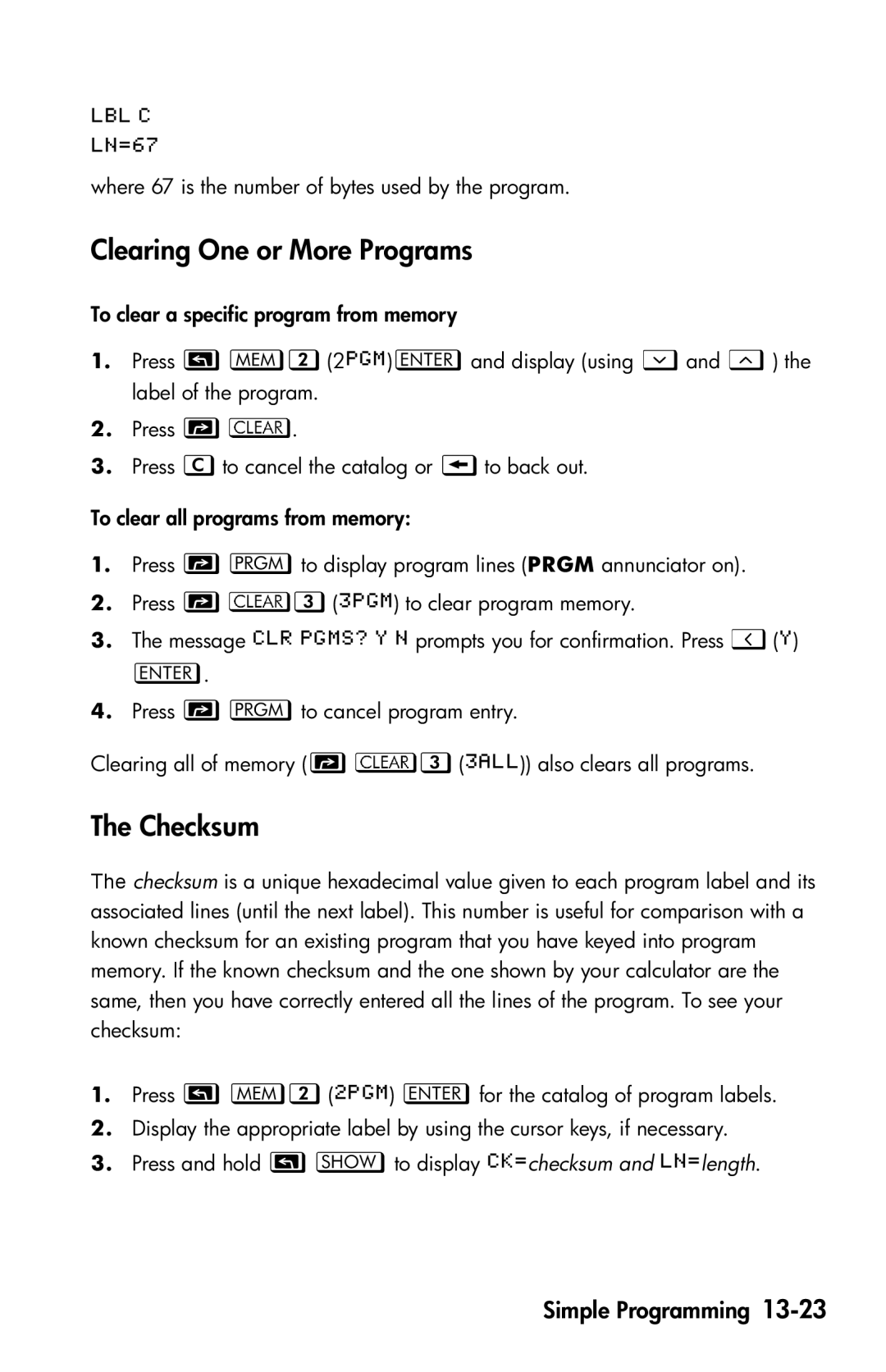 HP 35s Scientific manual Clearing One or More Programs, Checksum 