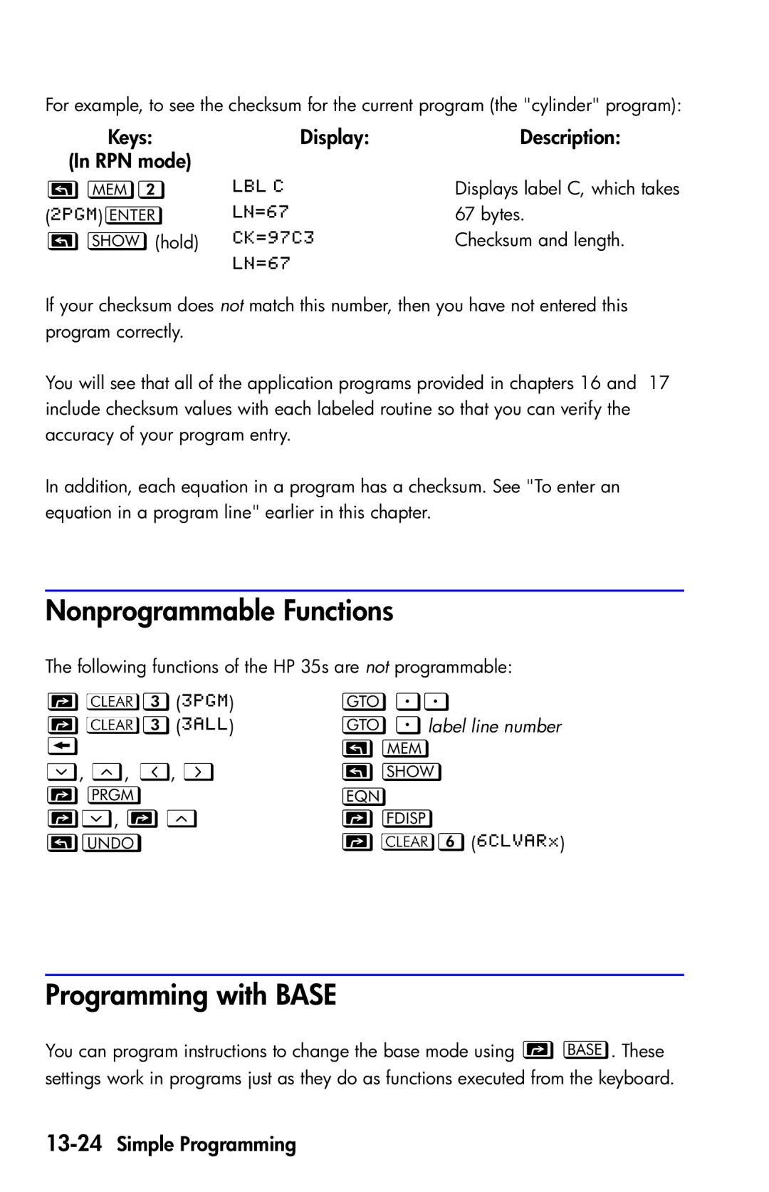 HP 35s Scientific manual Nonprogrammable Functions, Programming with Base, ,  , Ø, × 