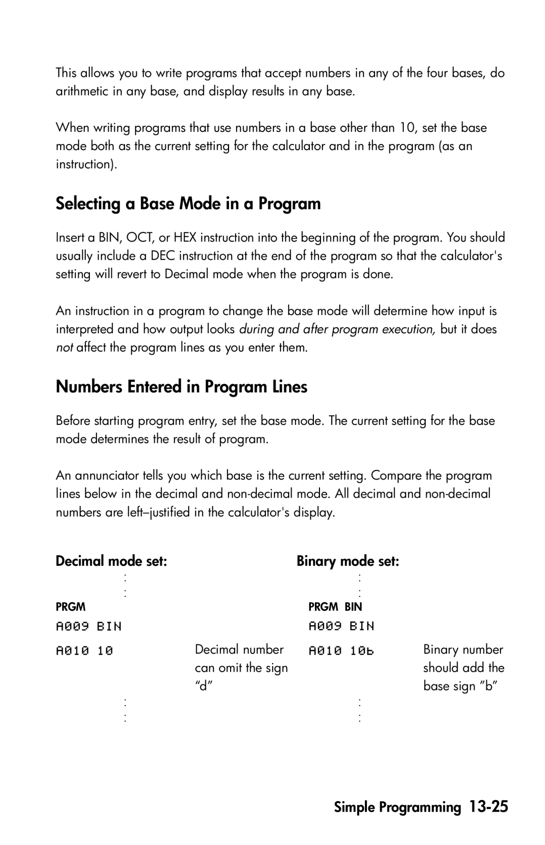 HP 35s Scientific manual Selecting a Base Mode in a Program, Numbers Entered in Program Lines, Decimal mode set 