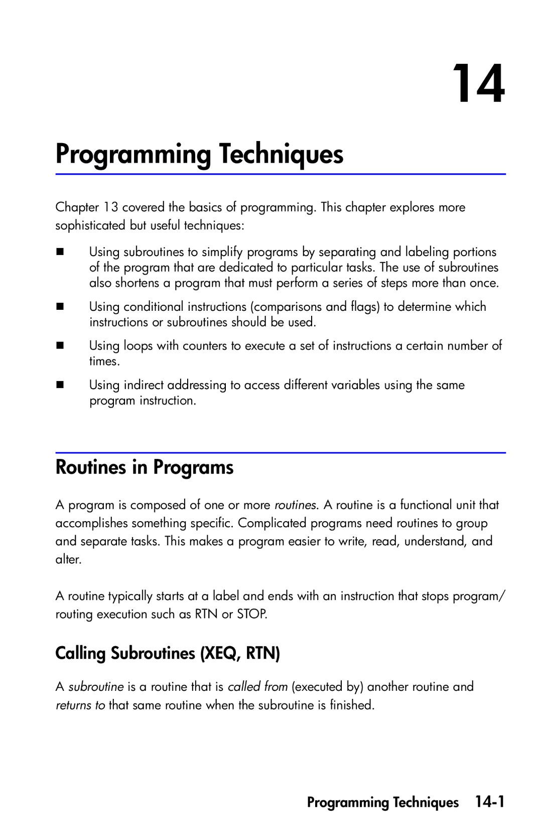 HP 35s Scientific manual Programming Techniques, Routines in Programs, Calling Subroutines XEQ, RTN 