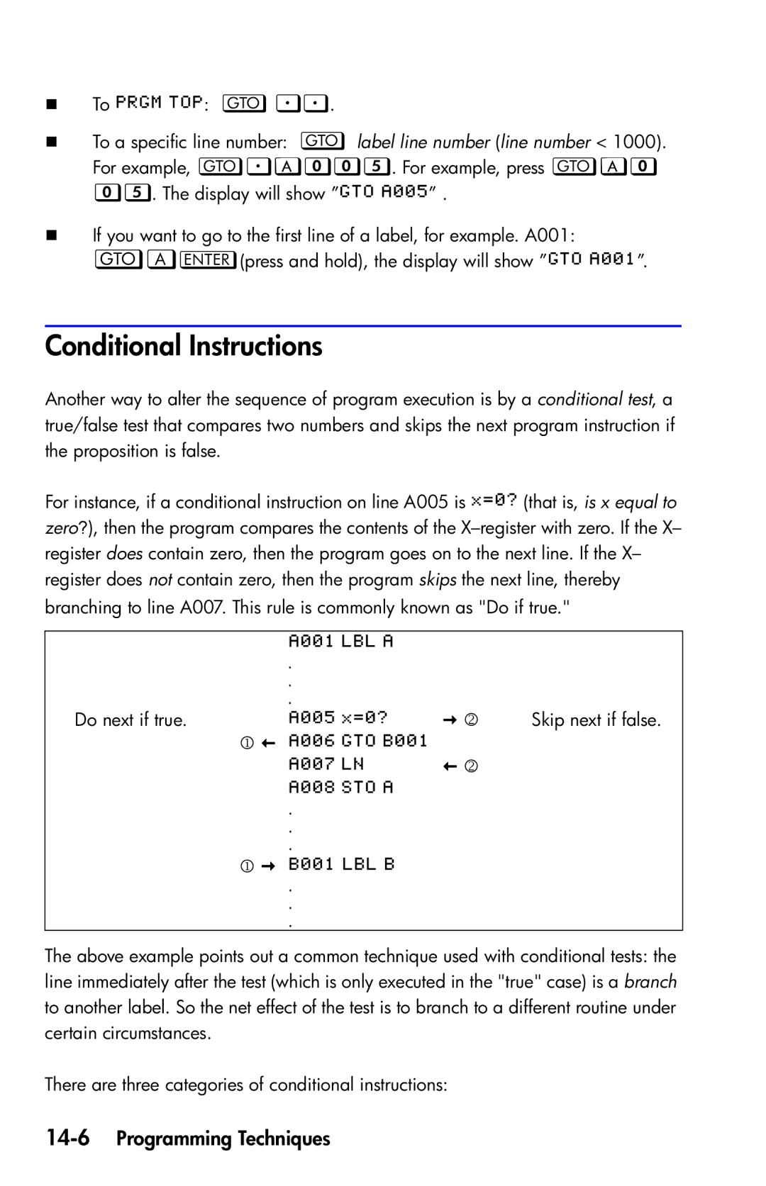 HP 35s Scientific manual Conditional Instructions, 14-6Programming Techniques 