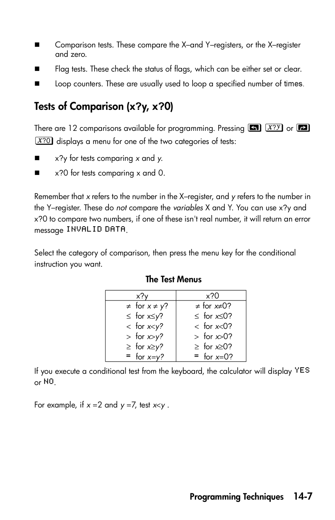 HP 35s Scientific manual Tests of Comparison x?y, x?0, Test Menus 