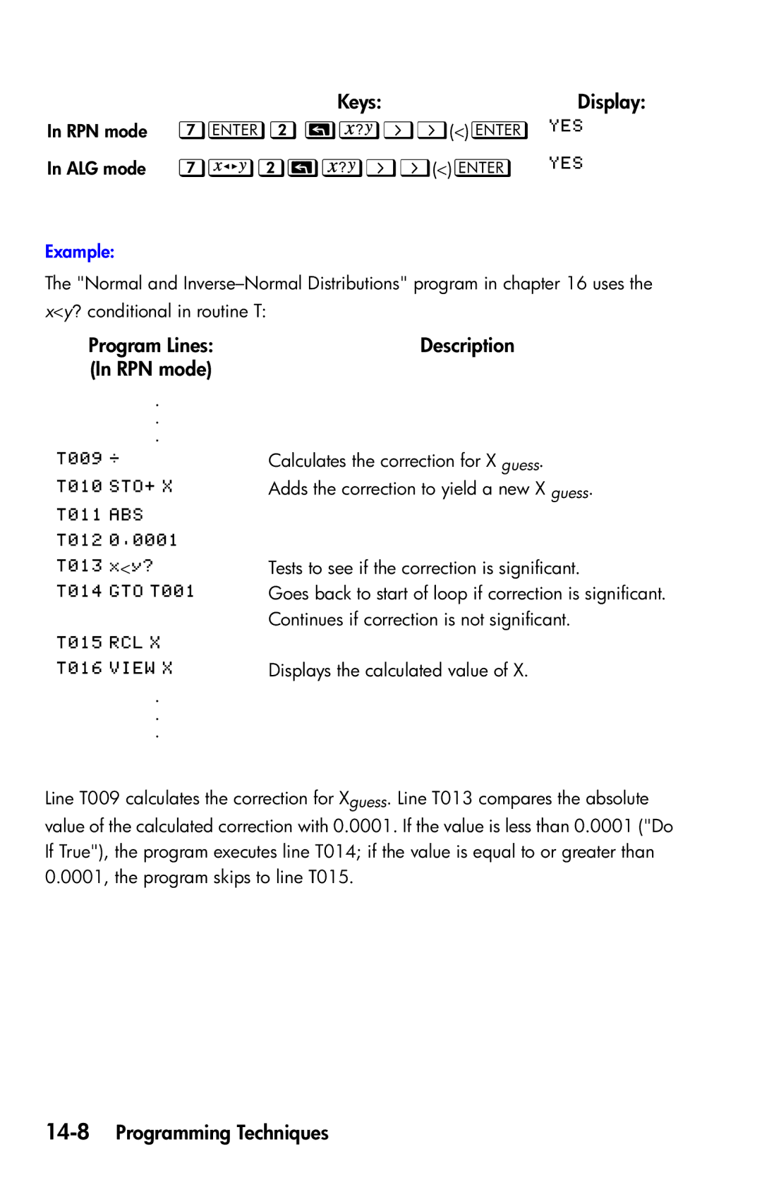 HP 35s Scientific manual Program Lines Description RPN mode, 14-8Programming Techniques 