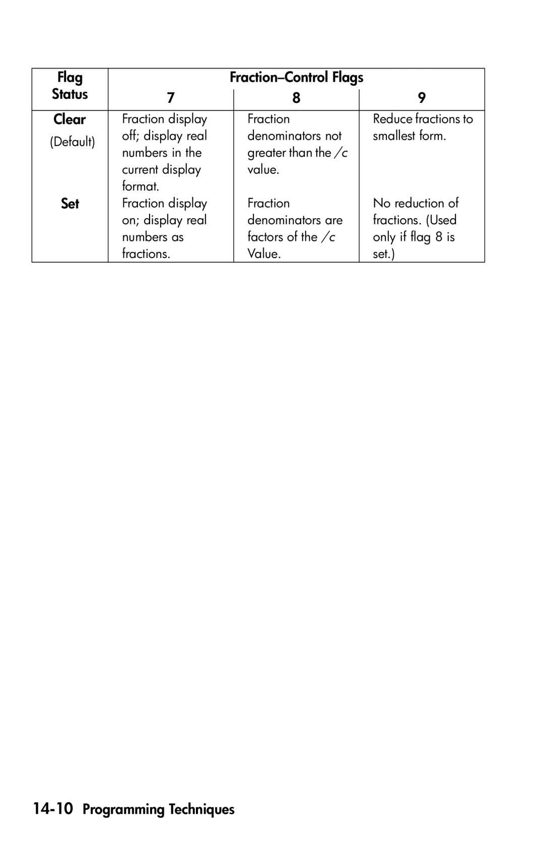 HP 35s Scientific manual Flag Fraction-Control Flags, Clear, 14-10Programming Techniques 