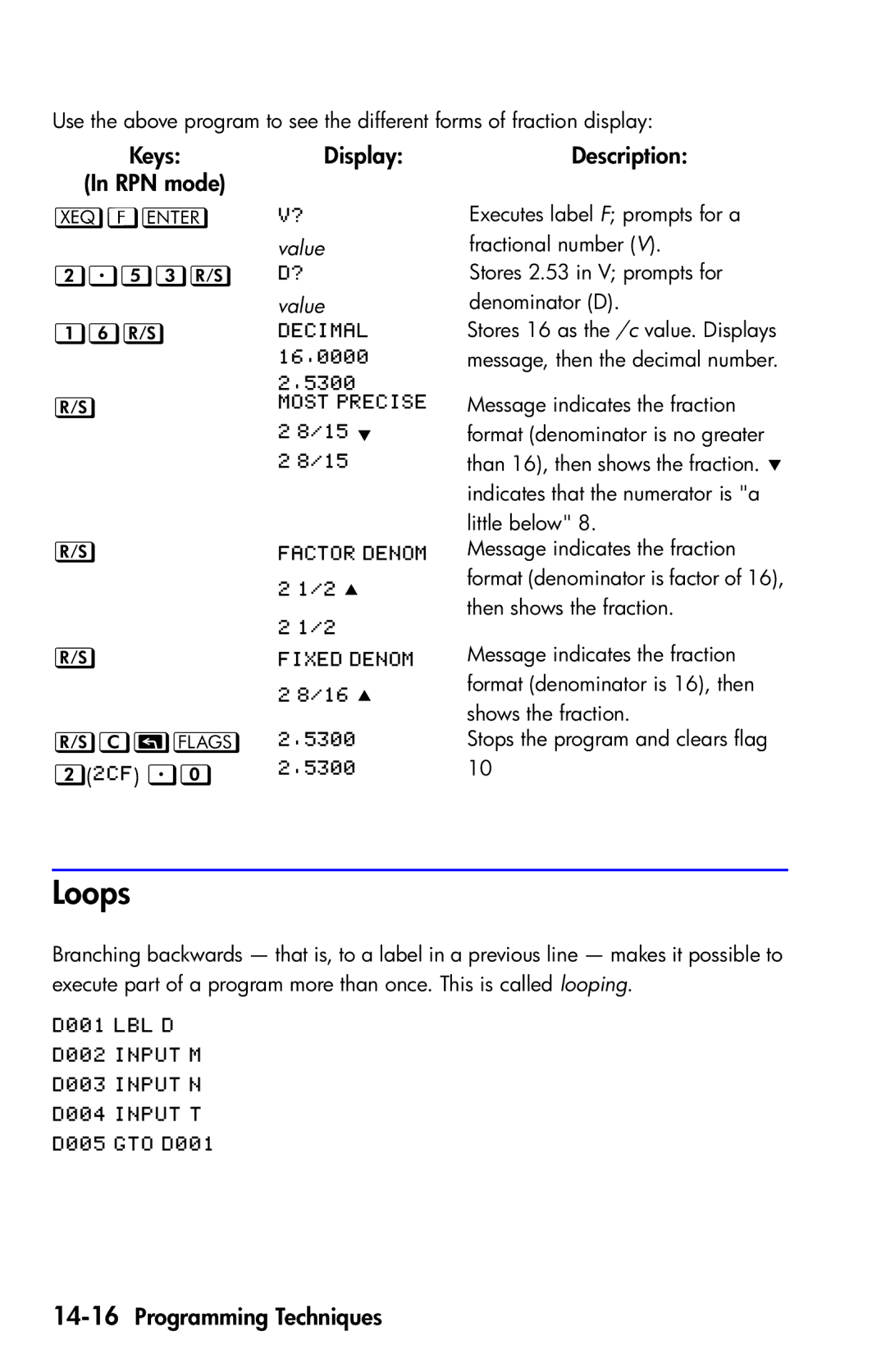 HP 35s Scientific manual Loops, F     , 14-16Programming Techniques 