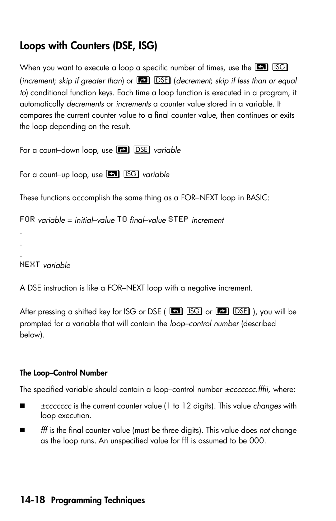 HP 35s Scientific manual Loops with Counters DSE, ISG, 14-18Programming Techniques 