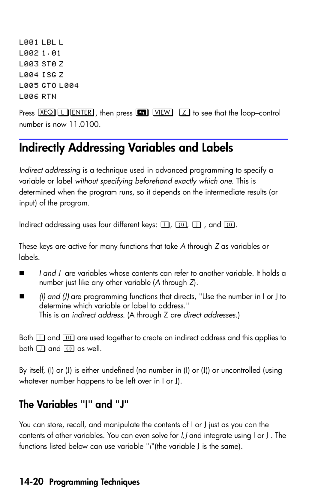 HP 35s Scientific manual Indirectly Addressing Variables and Labels, Variables I and J, 14-20Programming Techniques 