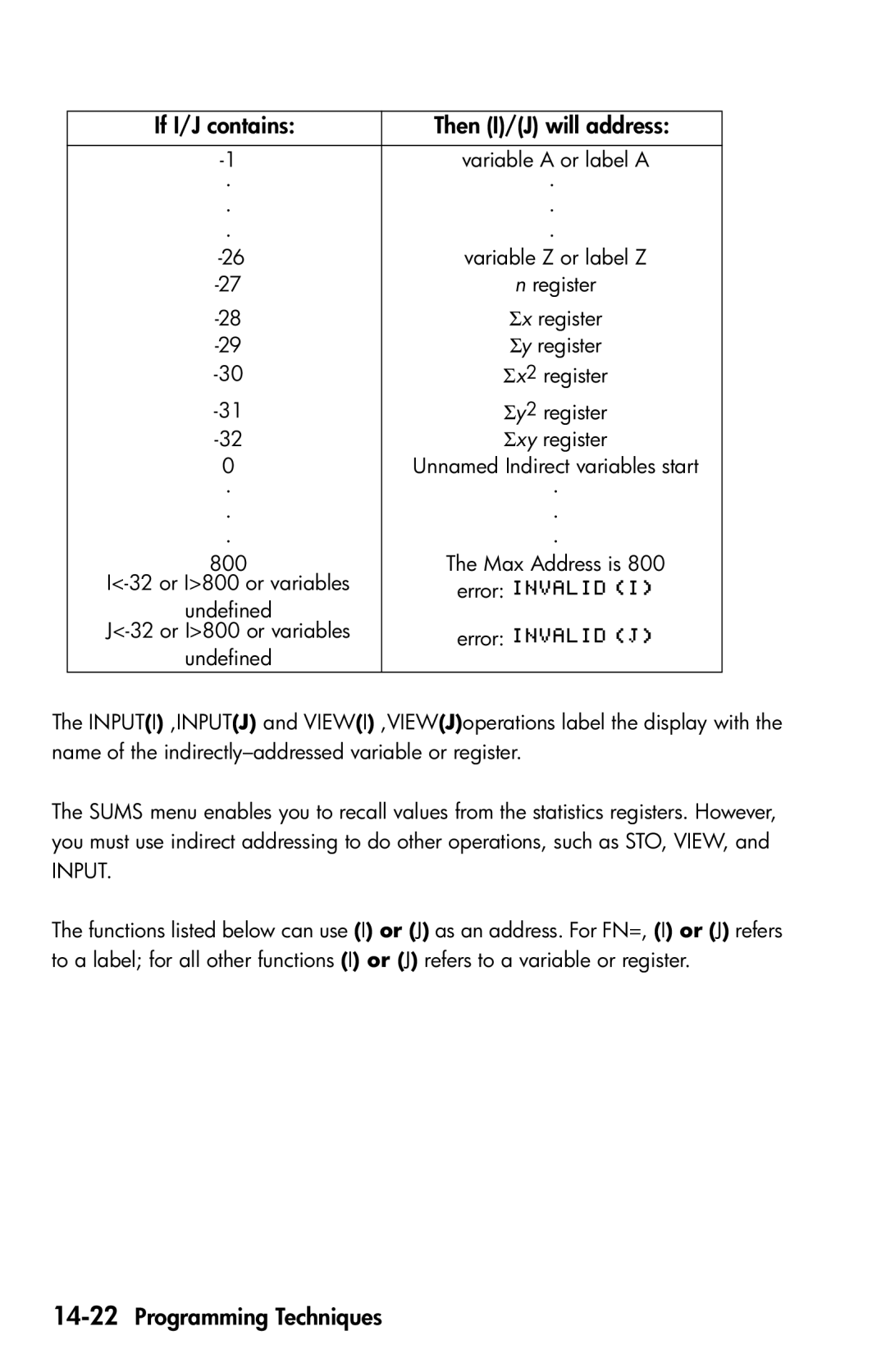 HP 35s Scientific manual If I/J contains Then I/J will address, 14-22Programming Techniques 