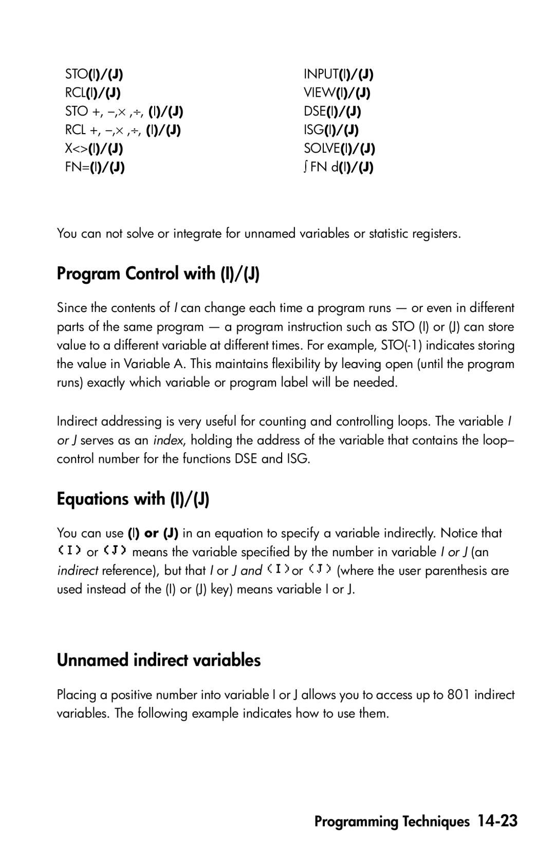 HP 35s Scientific manual Program Control with I/J, Equations with I/J, Unnamed indirect variables 