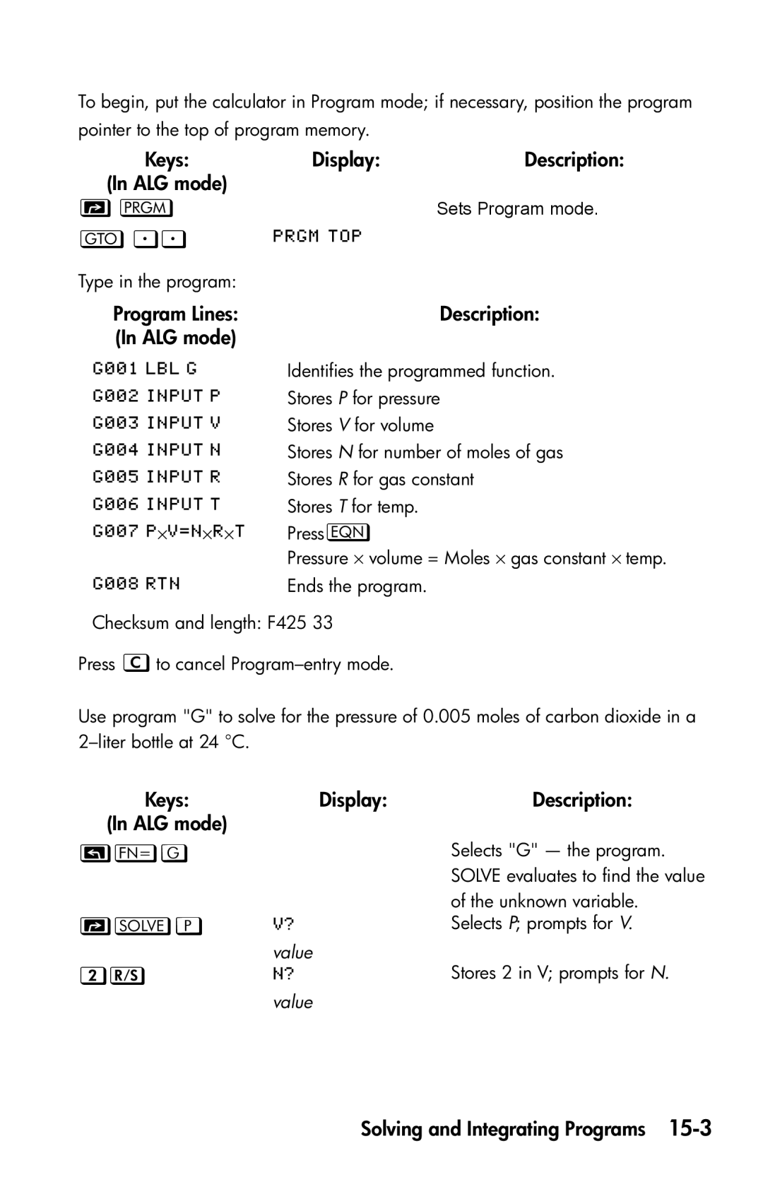 HP 35s Scientific G, Keys Display Description ALG mode, Program Lines Description ALG mode, P  value   value 