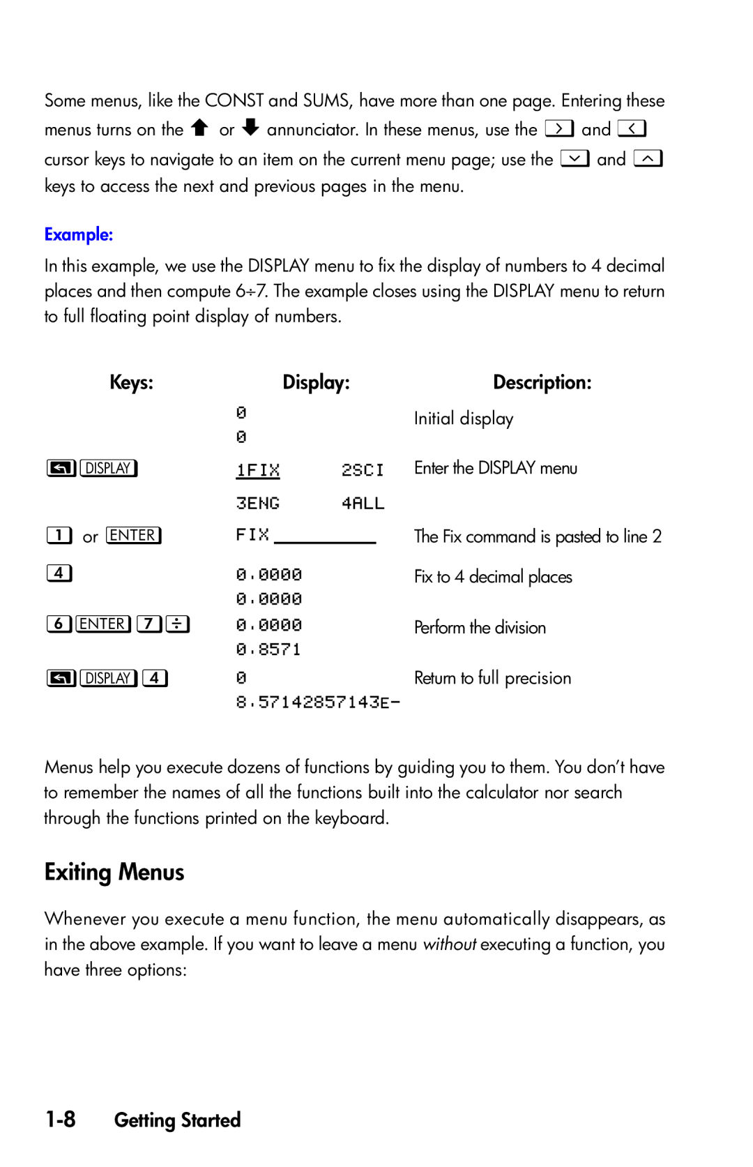 HP 35s Scientific manual Exiting Menus, or , , 8 