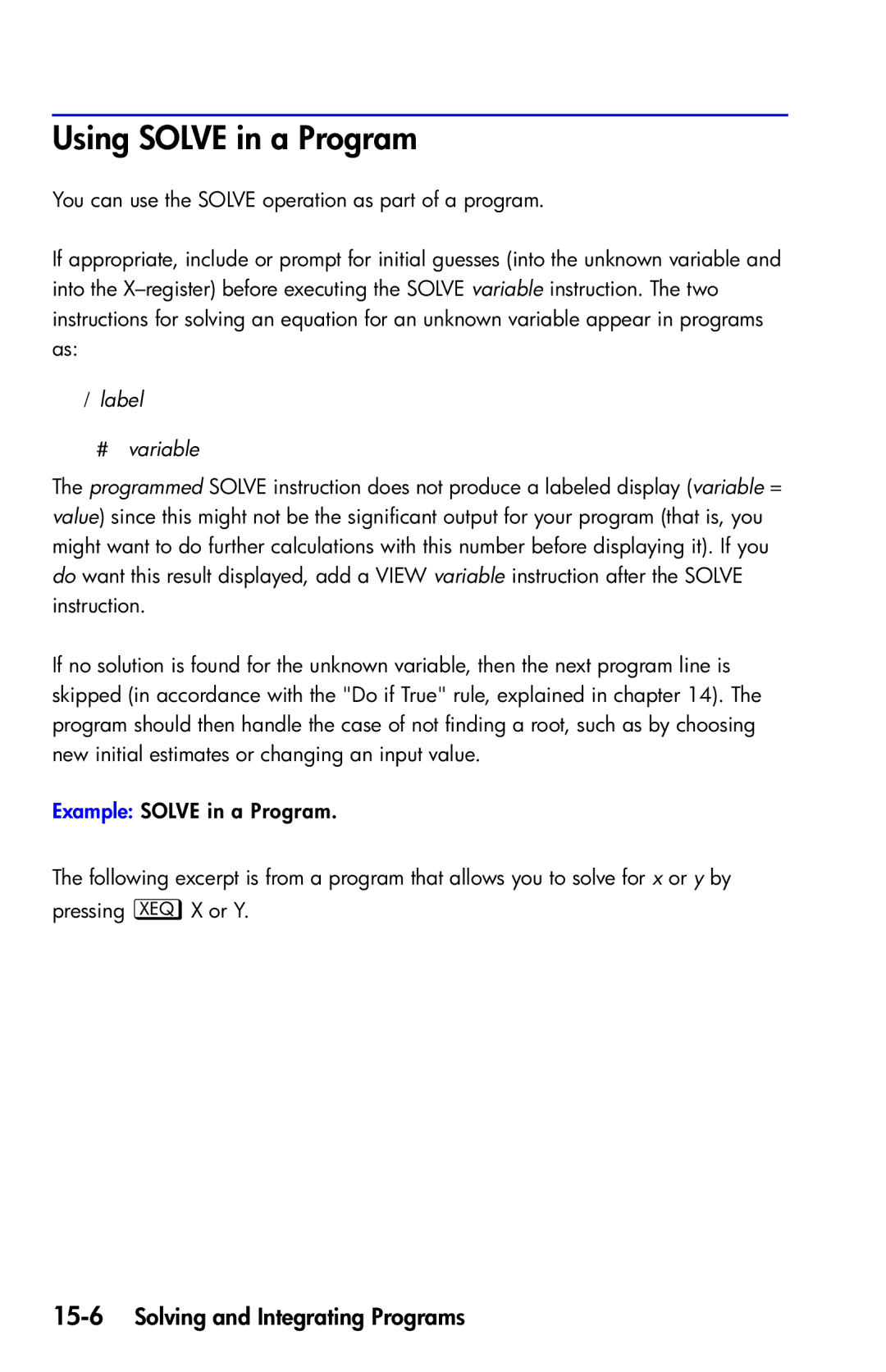 HP 35s Scientific manual Using Solve in a Program, 15-6Solving and Integrating Programs,  label  variable 