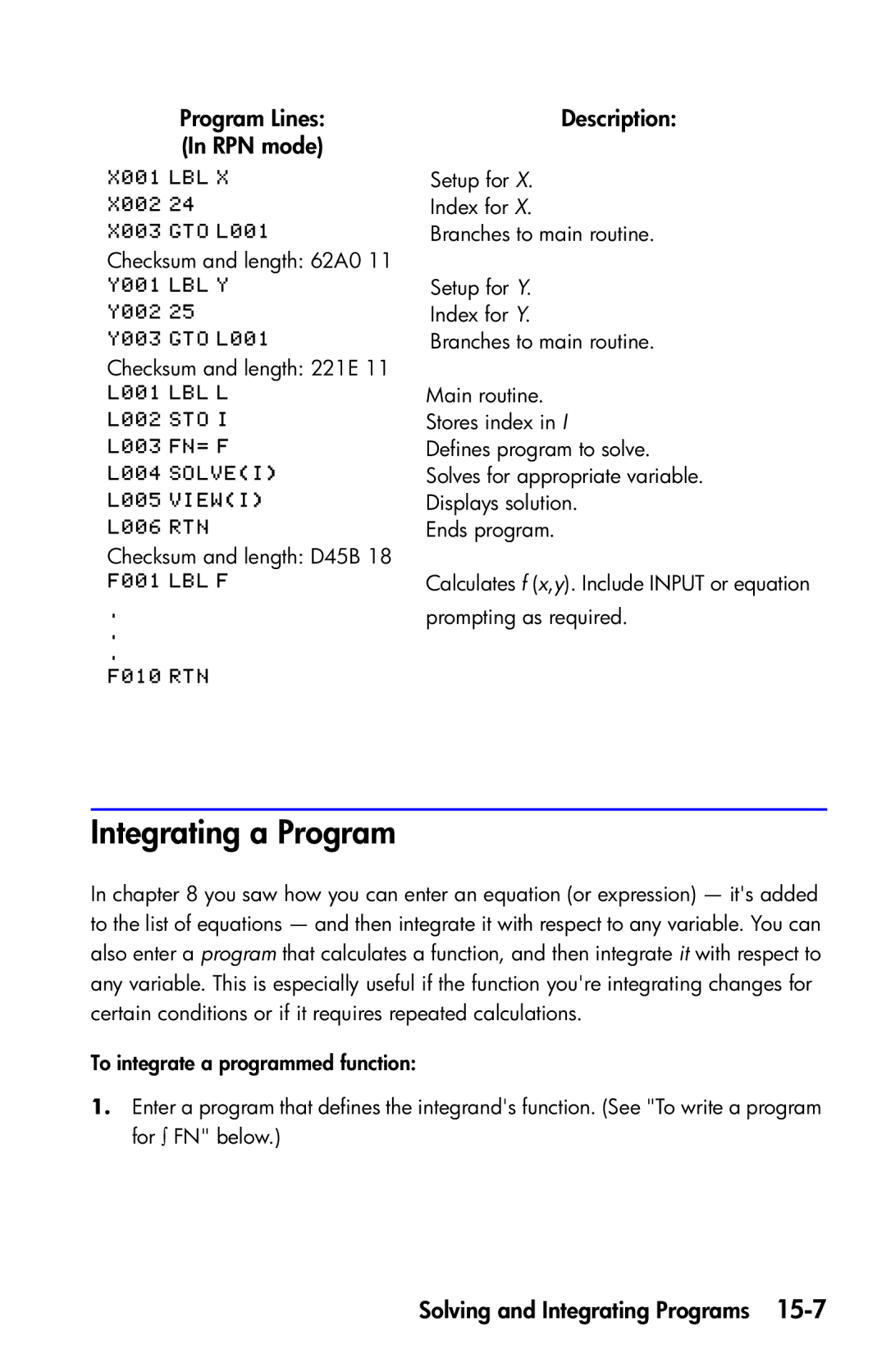 HP 35s Scientific manual Integrating a Program, Program Lines In RPN mode 