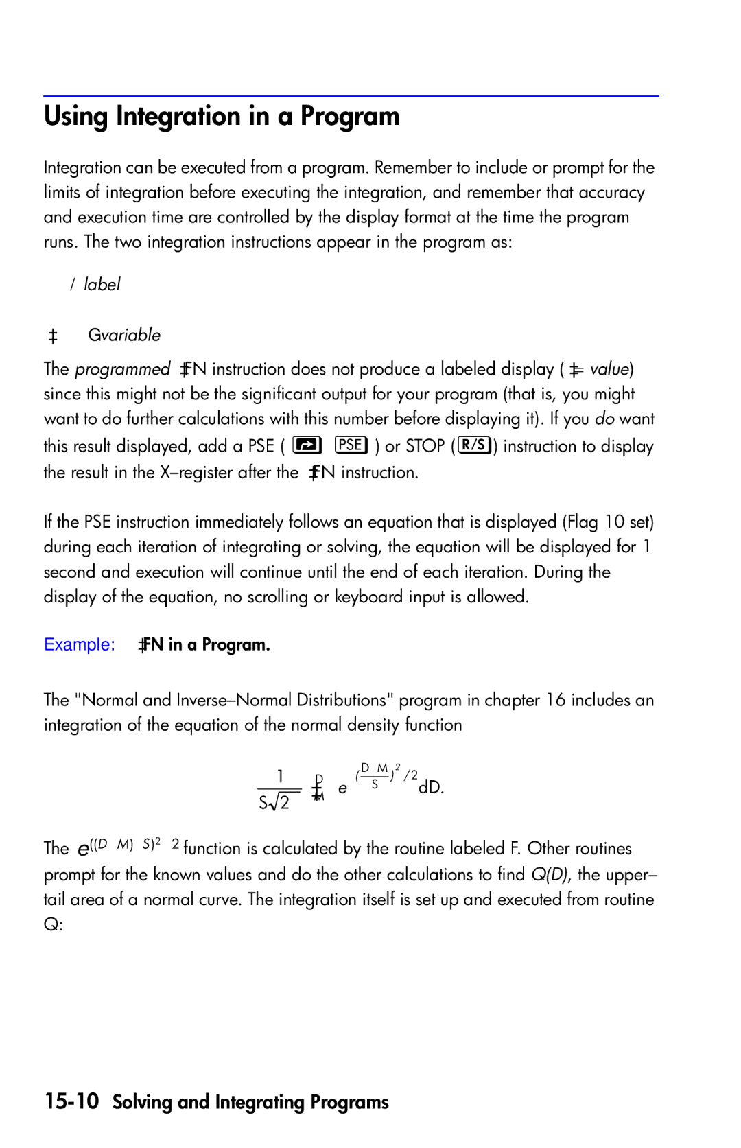 HP 35s Scientific manual Using Integration in a Program, 15-10Solving and Integrating Programs,  label   variable 