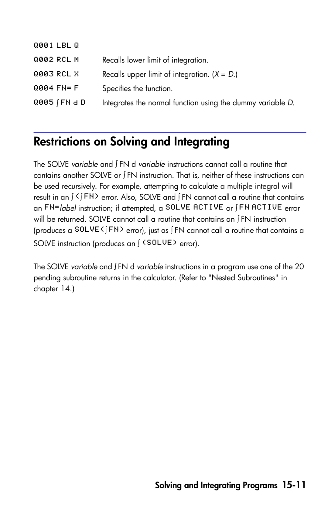 HP 35s Scientific manual Restrictions on Solving and Integrating 