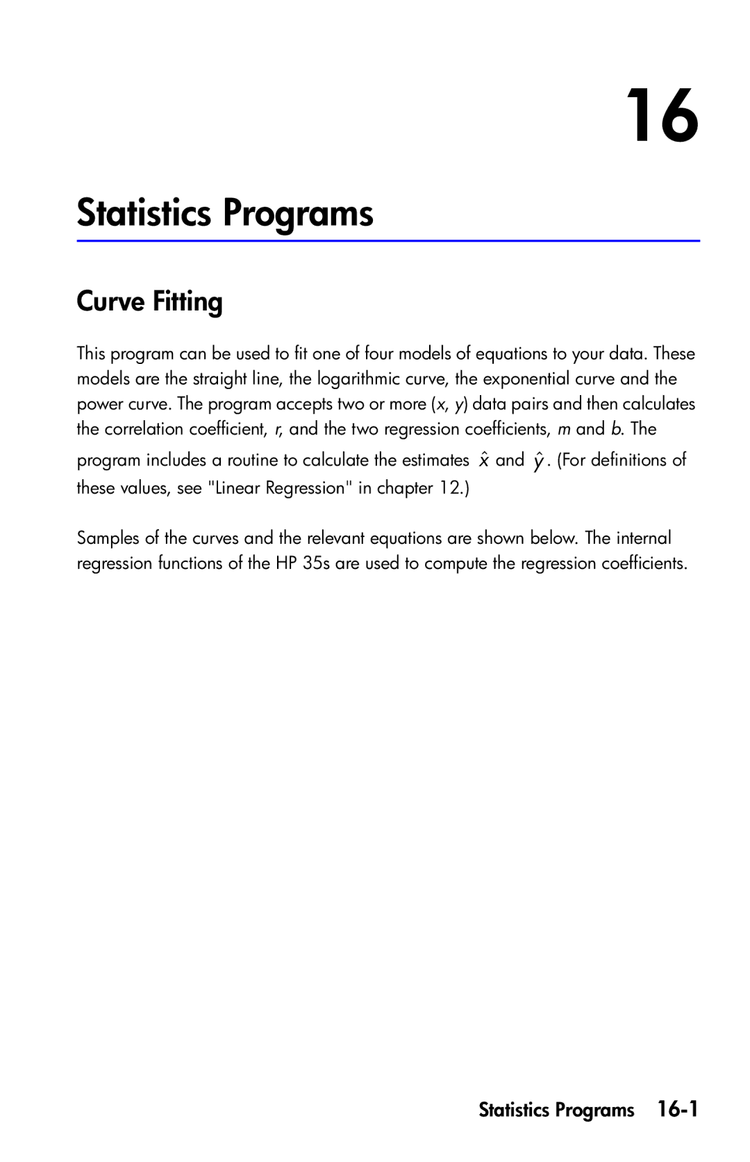 HP 35s Scientific manual Statistics Programs, Curve Fitting 