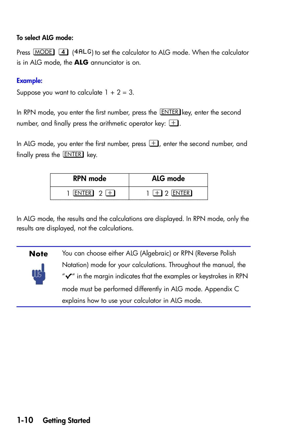 HP 35s Scientific manual RPN mode ALG mode, 10Getting Started 