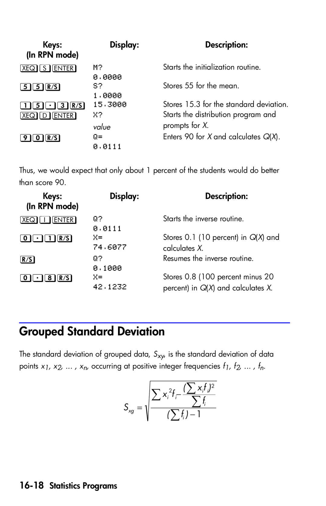 HP 35s Scientific manual Grouped Standard Deviation, 16-18Statistics Programs, ∑ x f 