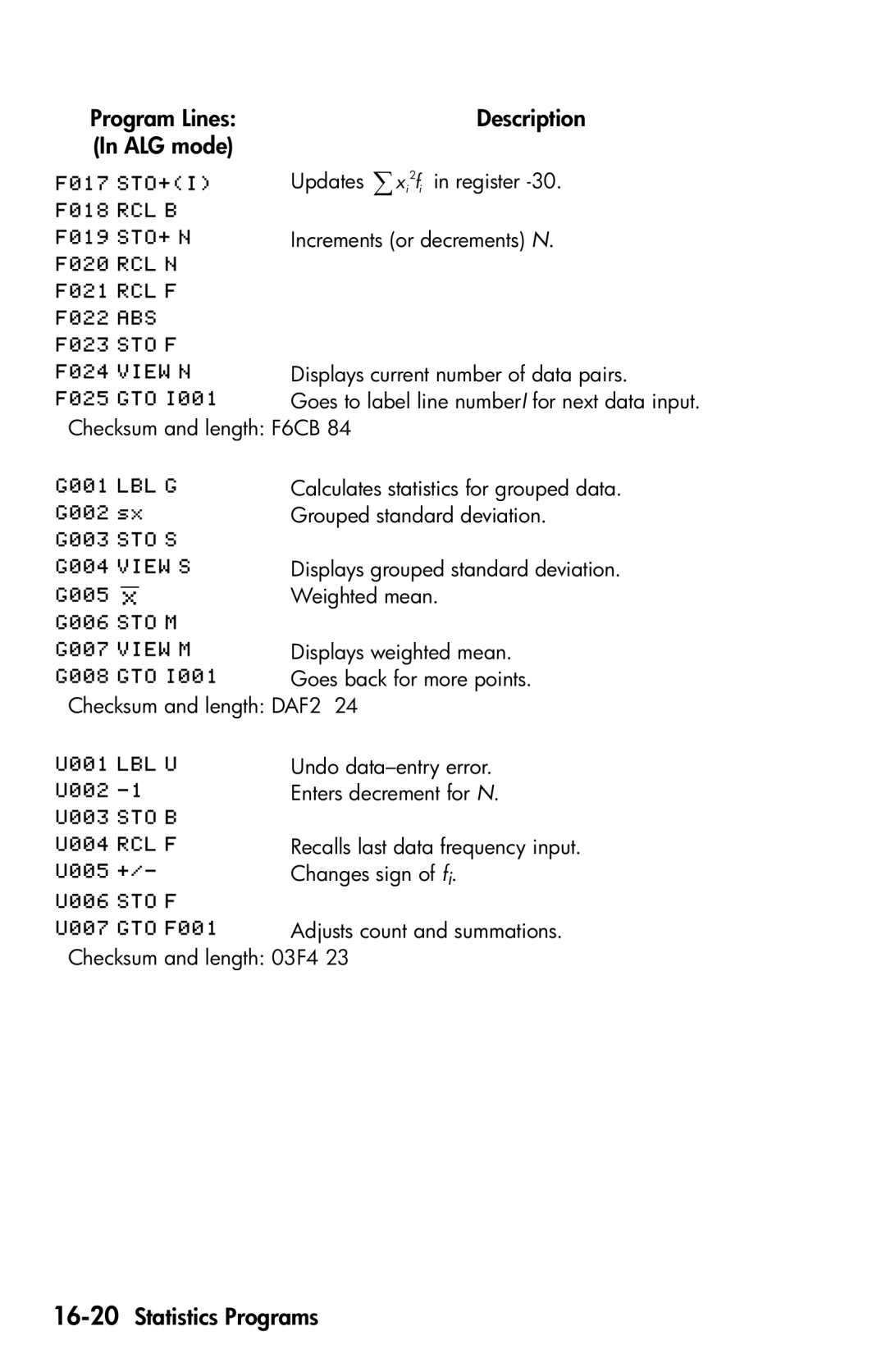 HP 35s Scientific manual 16-20Statistics Programs 