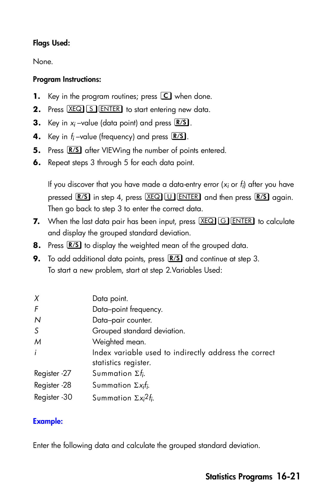 HP 35s Scientific manual Index variable used to indirectly address the correct, Statistics register 