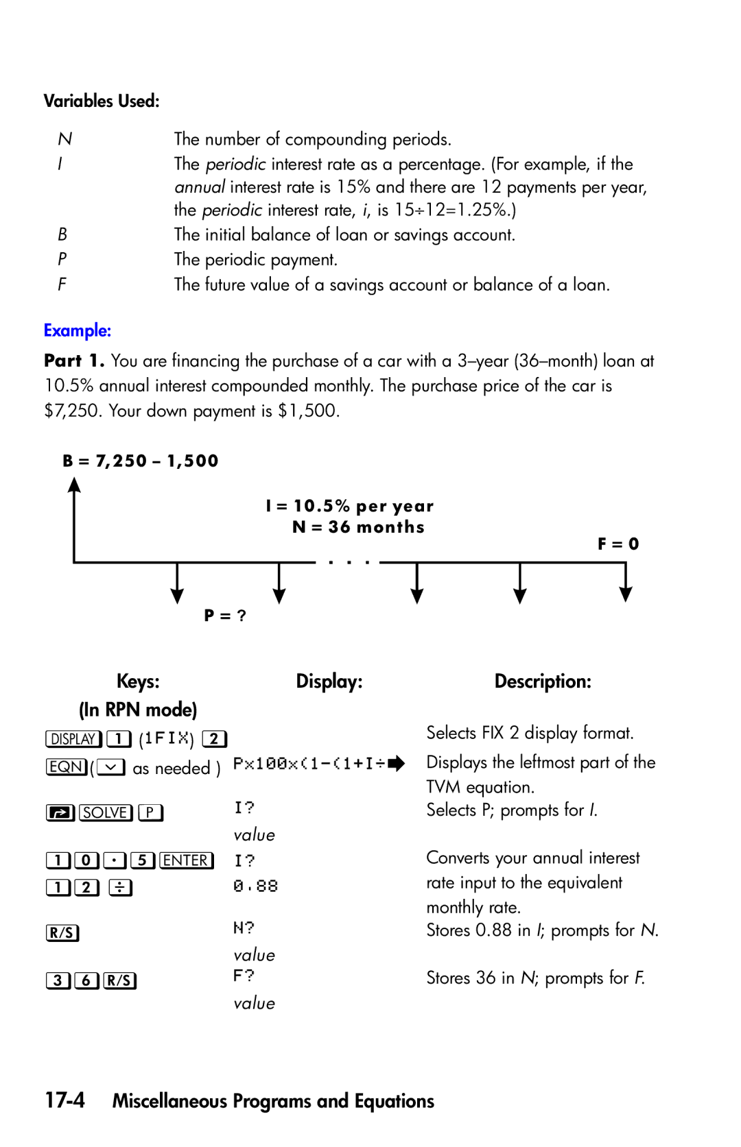 HP 35s Scientific manual    , KeysDisplay In RPN mode, 17-4Miscellaneous Programs and Equations, P  value 