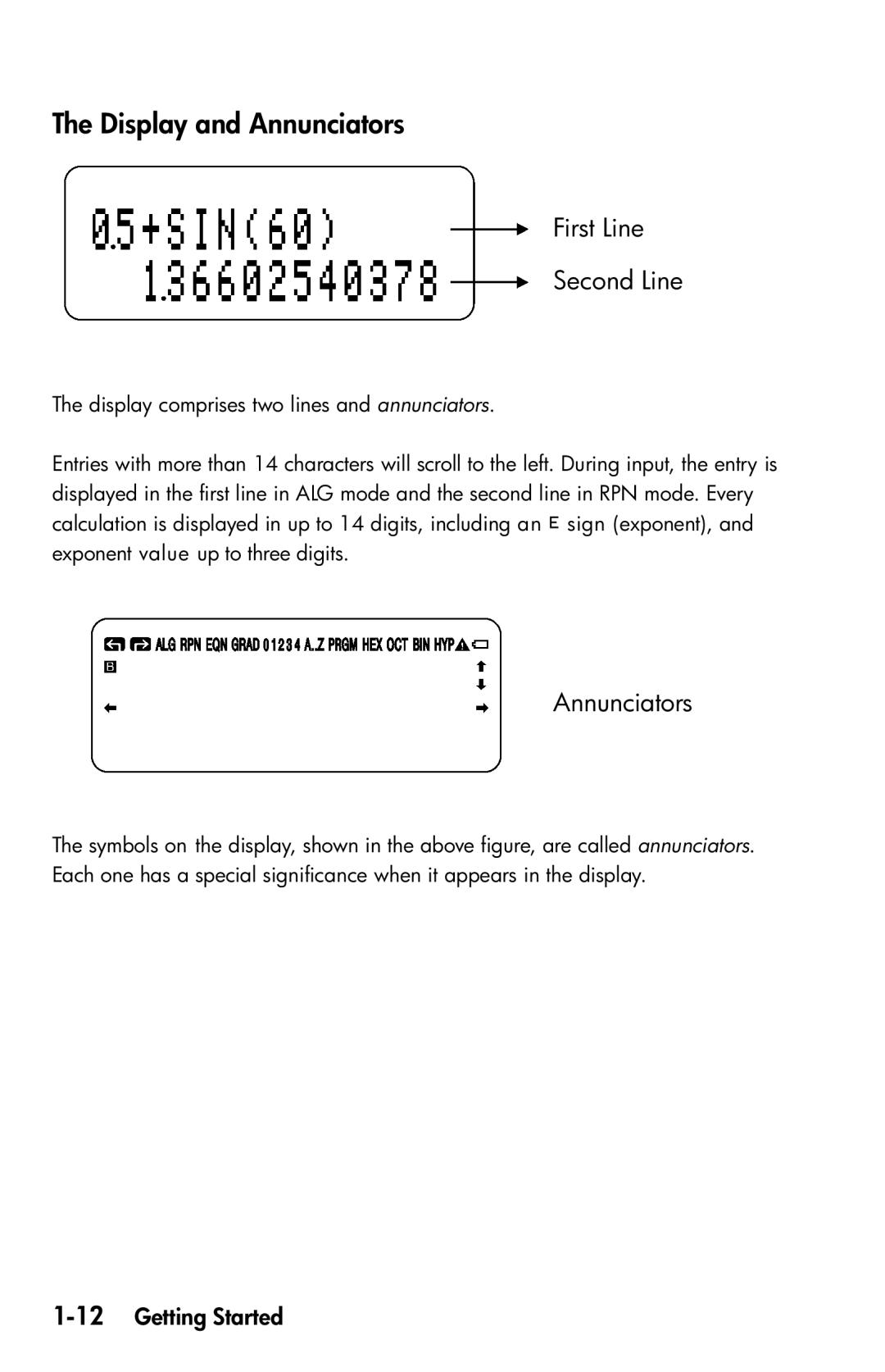 HP 35s Scientific manual Display and Annunciators, First Line Second Line, 12Getting Started 