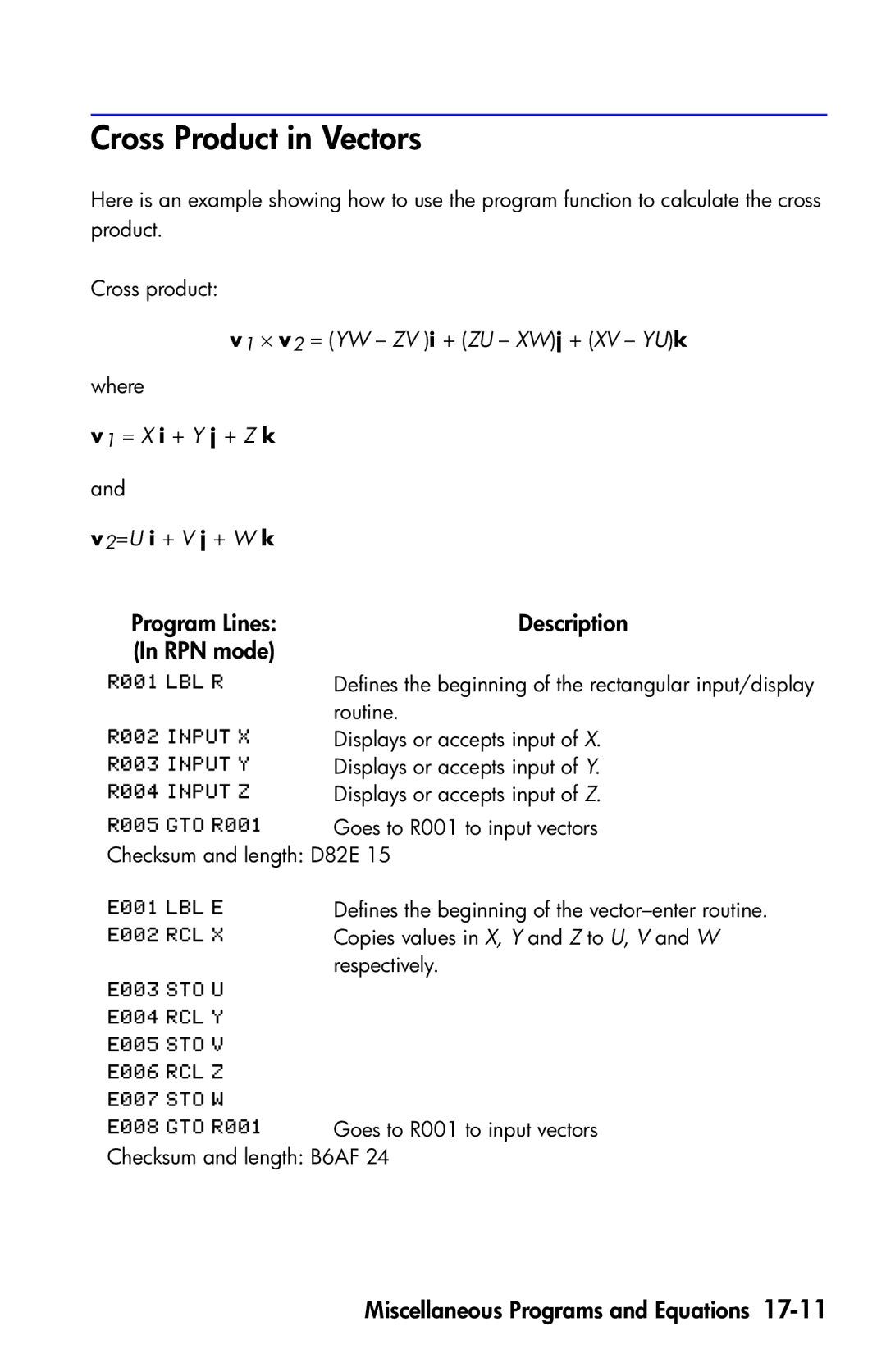 HP 35s Scientific manual Cross Product in Vectors, Program Lines Description RPN mode 