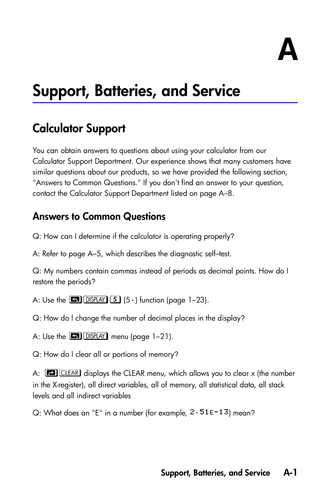 HP 35s Scientific manual Support, Batteries, and Service, Calculator Support, Answers to Common Questions 